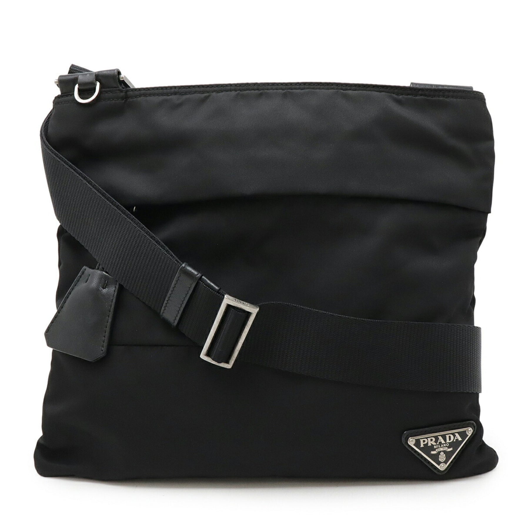 PRADA Triangle Plate Shoulder Bag in Nylon and Leather (Black) BT0741