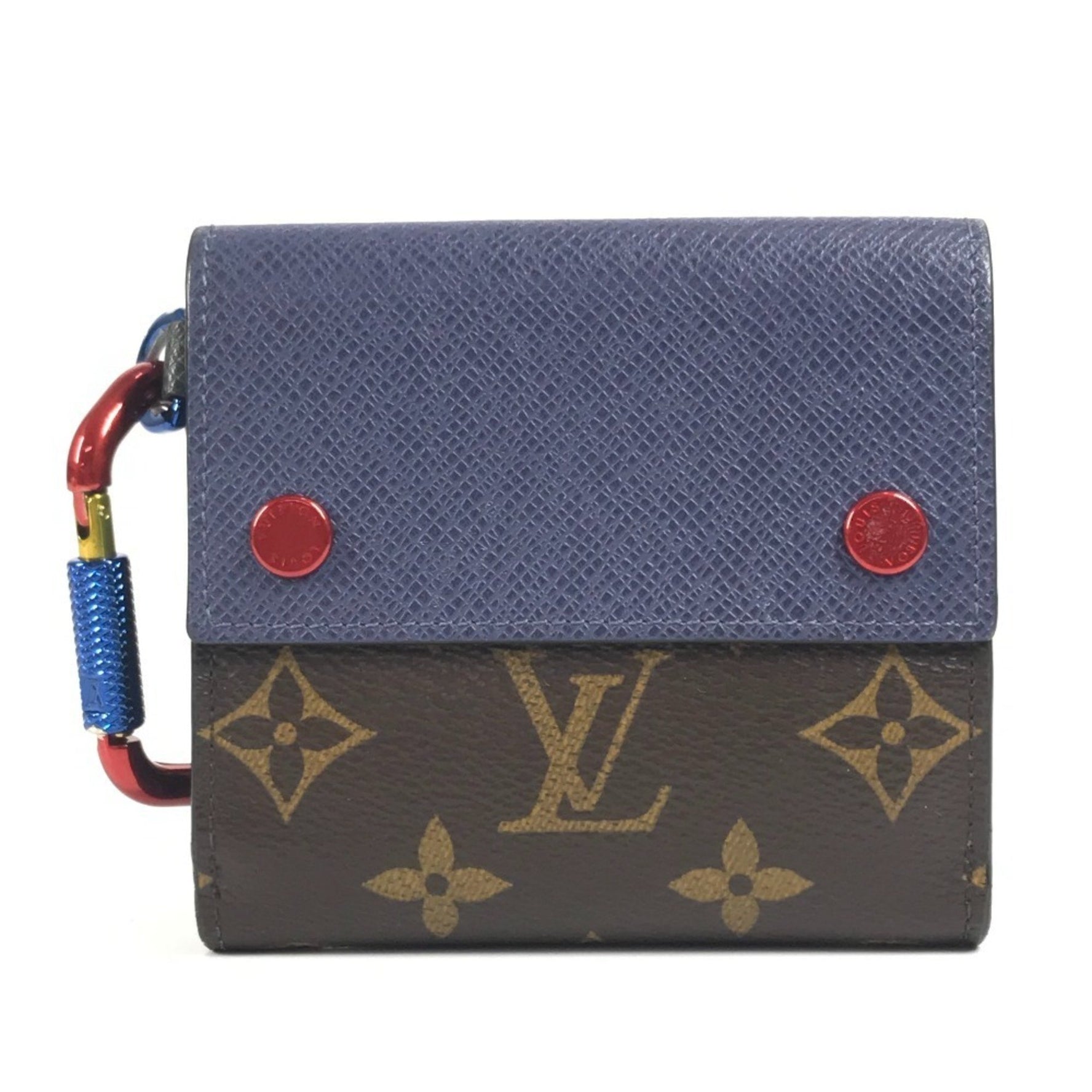 LOUIS VUITTON Monogram & Taiga Compact Wallet with Carabiner, Bifold in Canvas and Leather, Blue Red Women