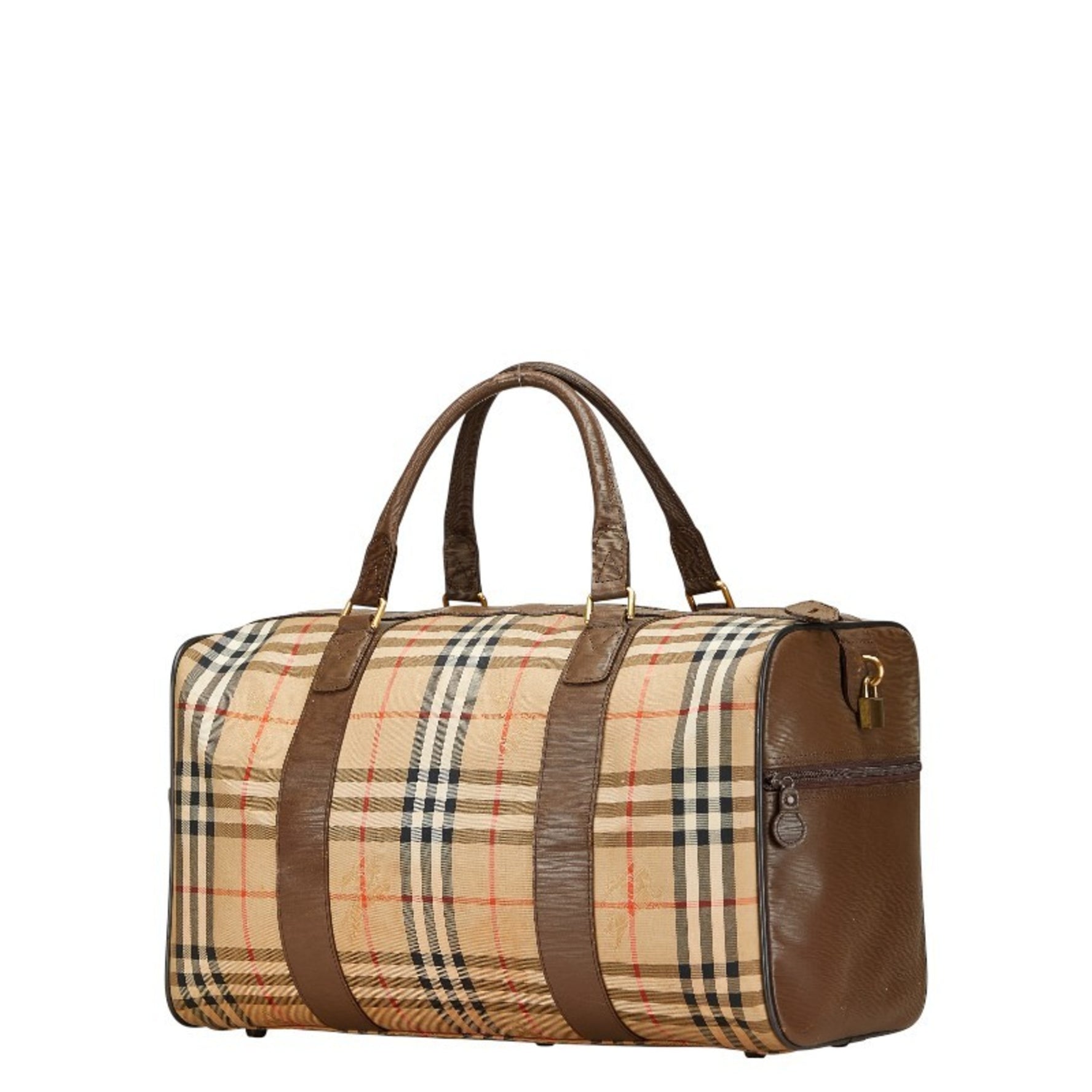 Burberry Nova Check Shadow Horse Boston Bag in Beige, Brown, and Multicolor Canvas Leather.