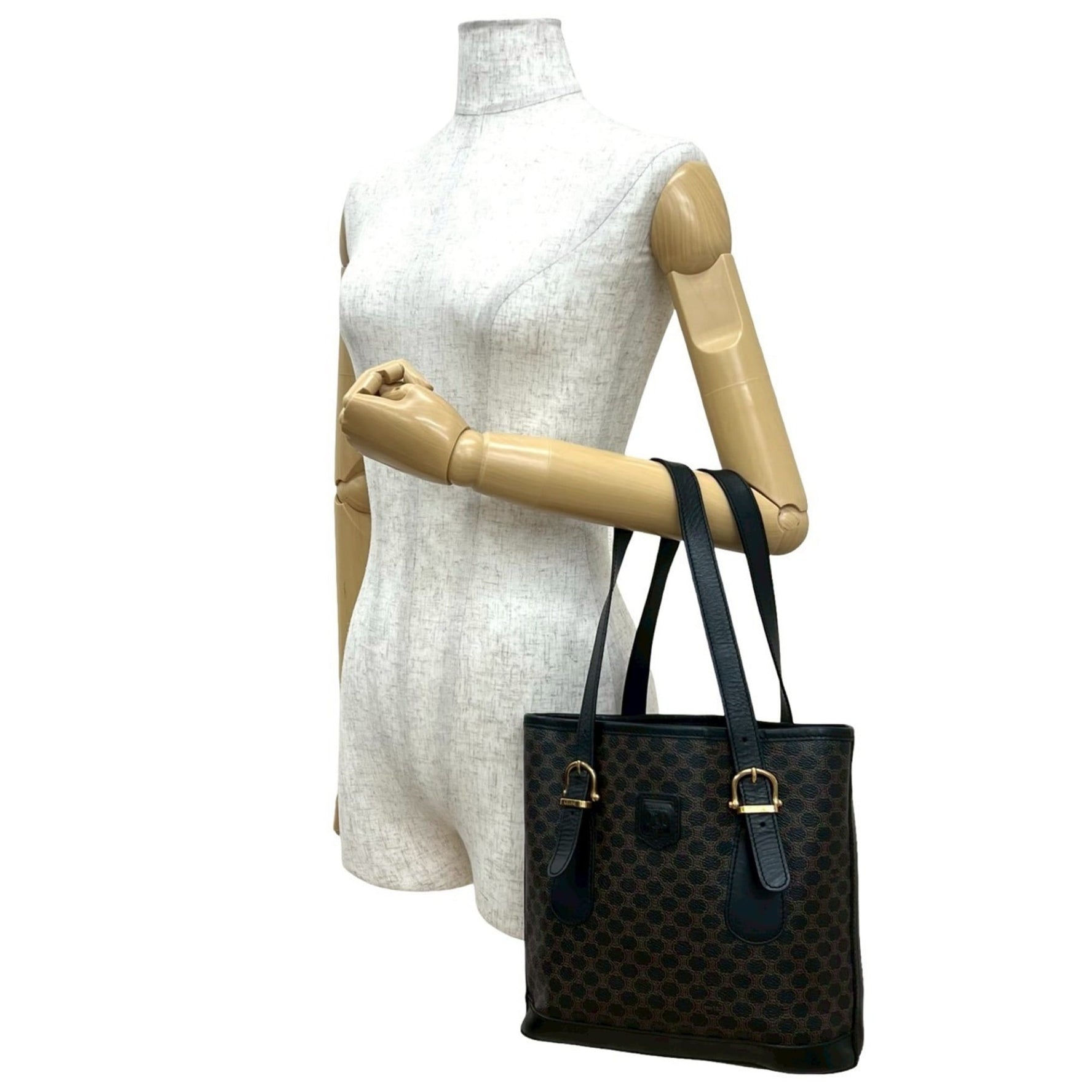 CELINE Macadam Blason Triomphe Leather Tote Bag, Semi-Shoulder Handbag, Black