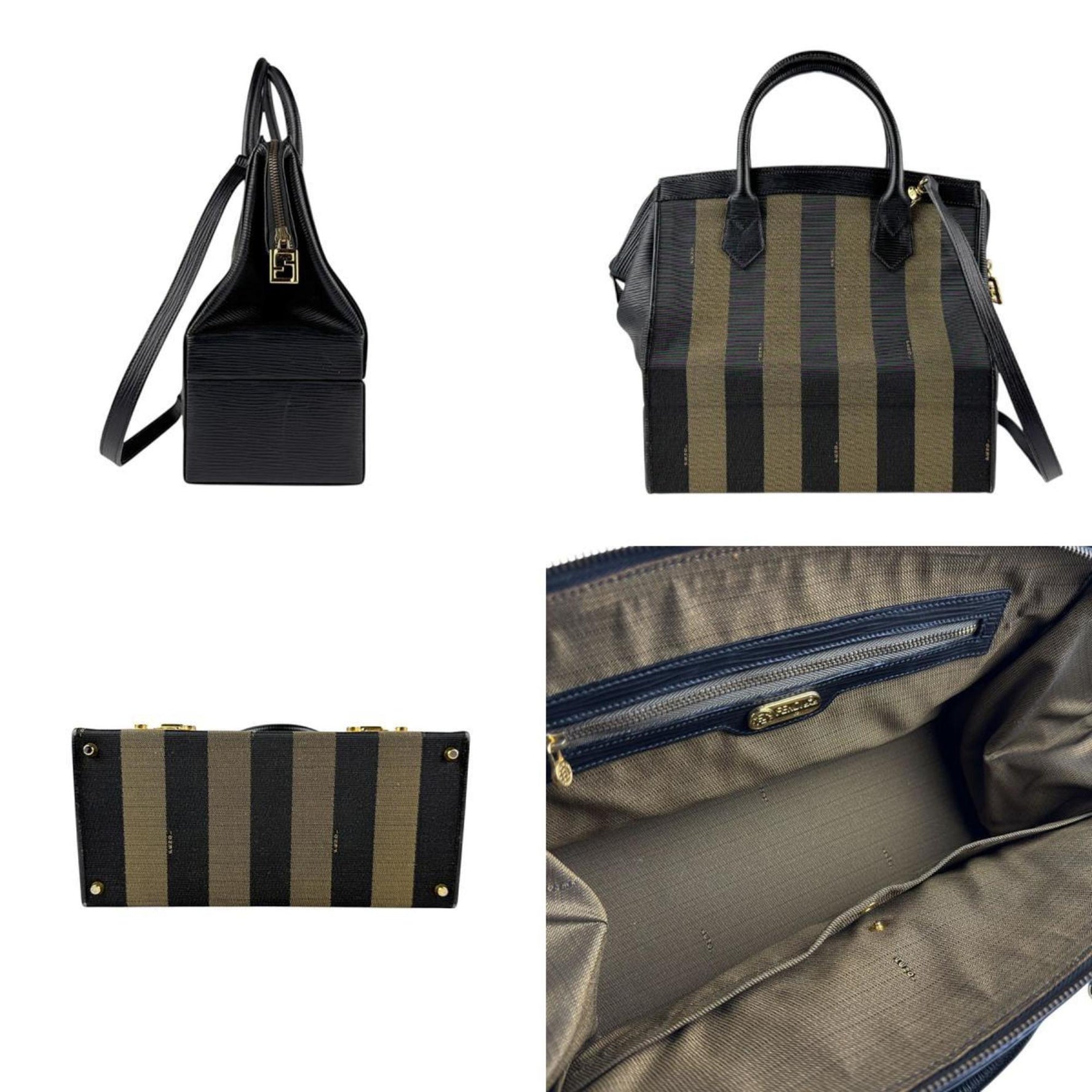 FENDI Handbag Shoulder Bag Makeup Box Pecan Canvas Leather Brown Black Gold