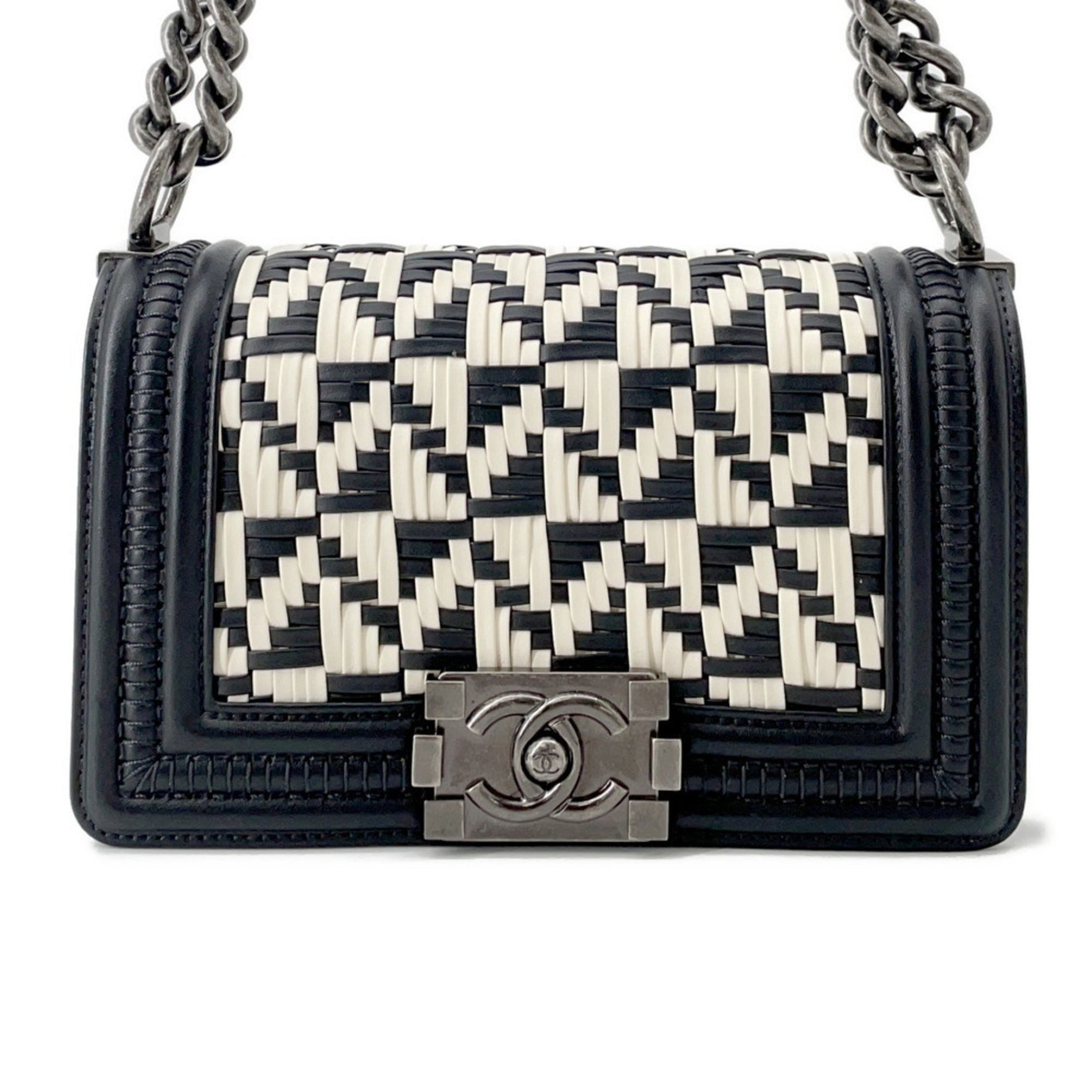 Chanel Boy Small Chain Shoulder Bag with Coco Mark, Black and White
