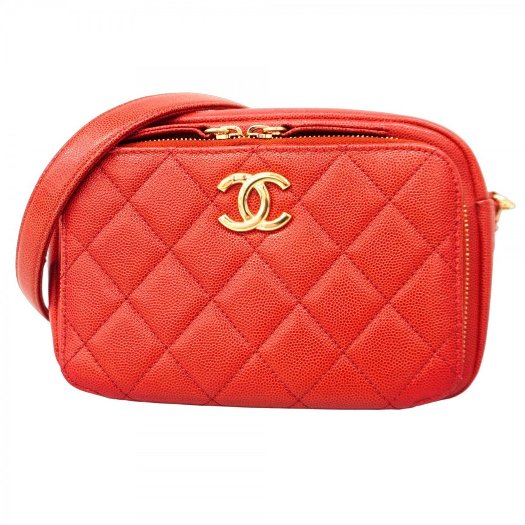 Chanel Matelasse Shoulder Bag with Chain Bag, Caviar Skin, Red, Women's