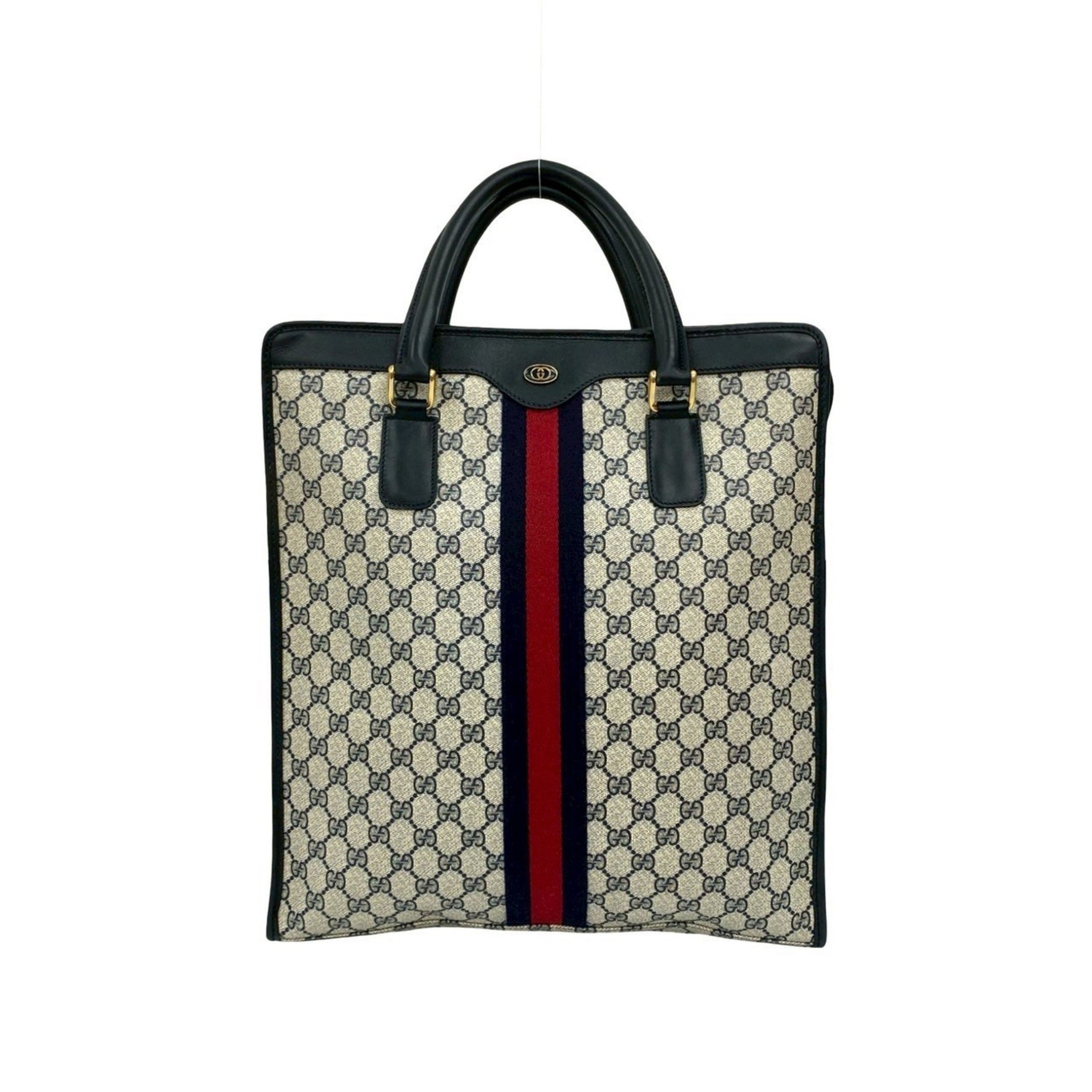 GUCCI Vintage Sherry Line GG Logo Hardware Leather Handbag Tote Bag Navy 222-3