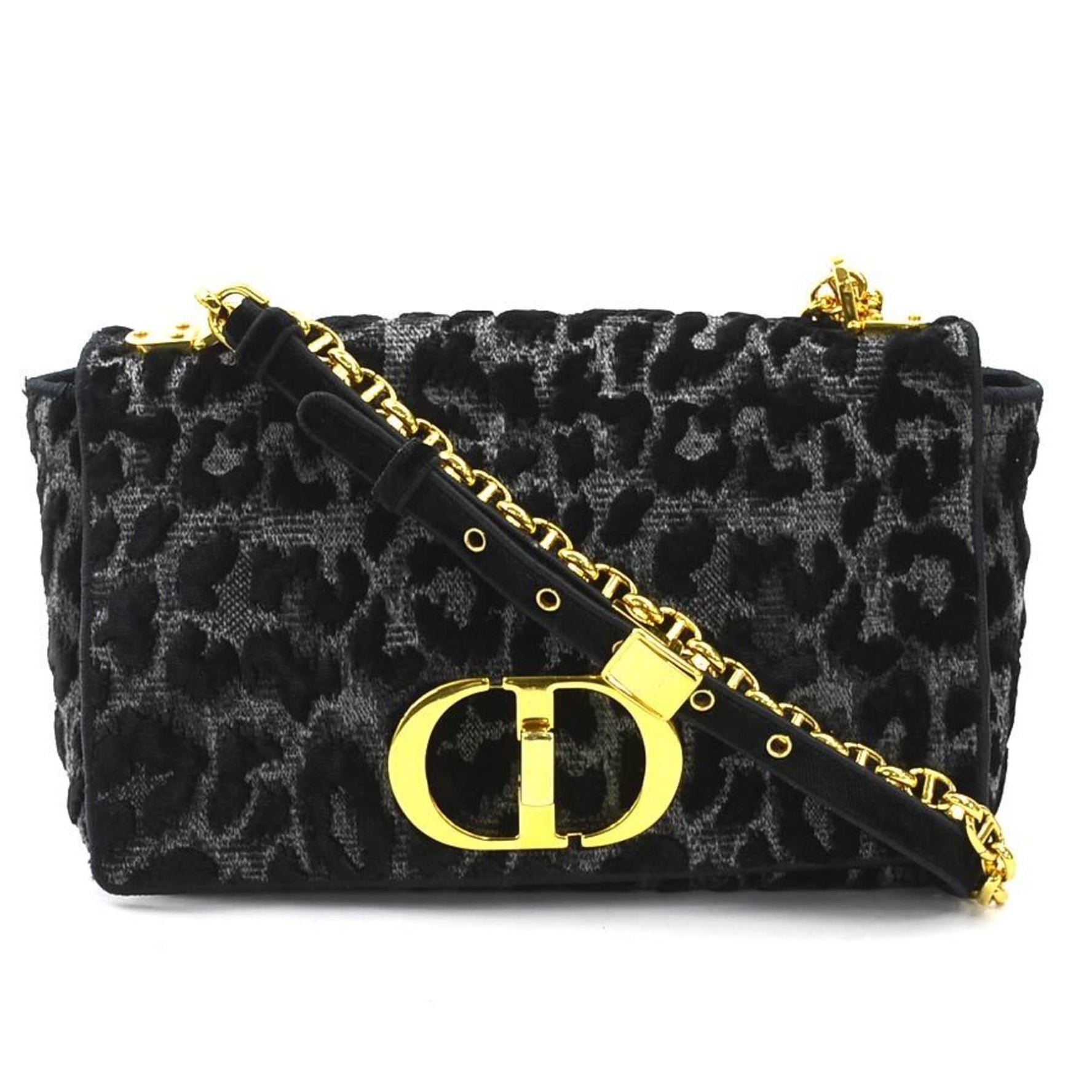Christian Dior Shoulder Bag Leopard Caro Velvet Canvas Gray Black Gold