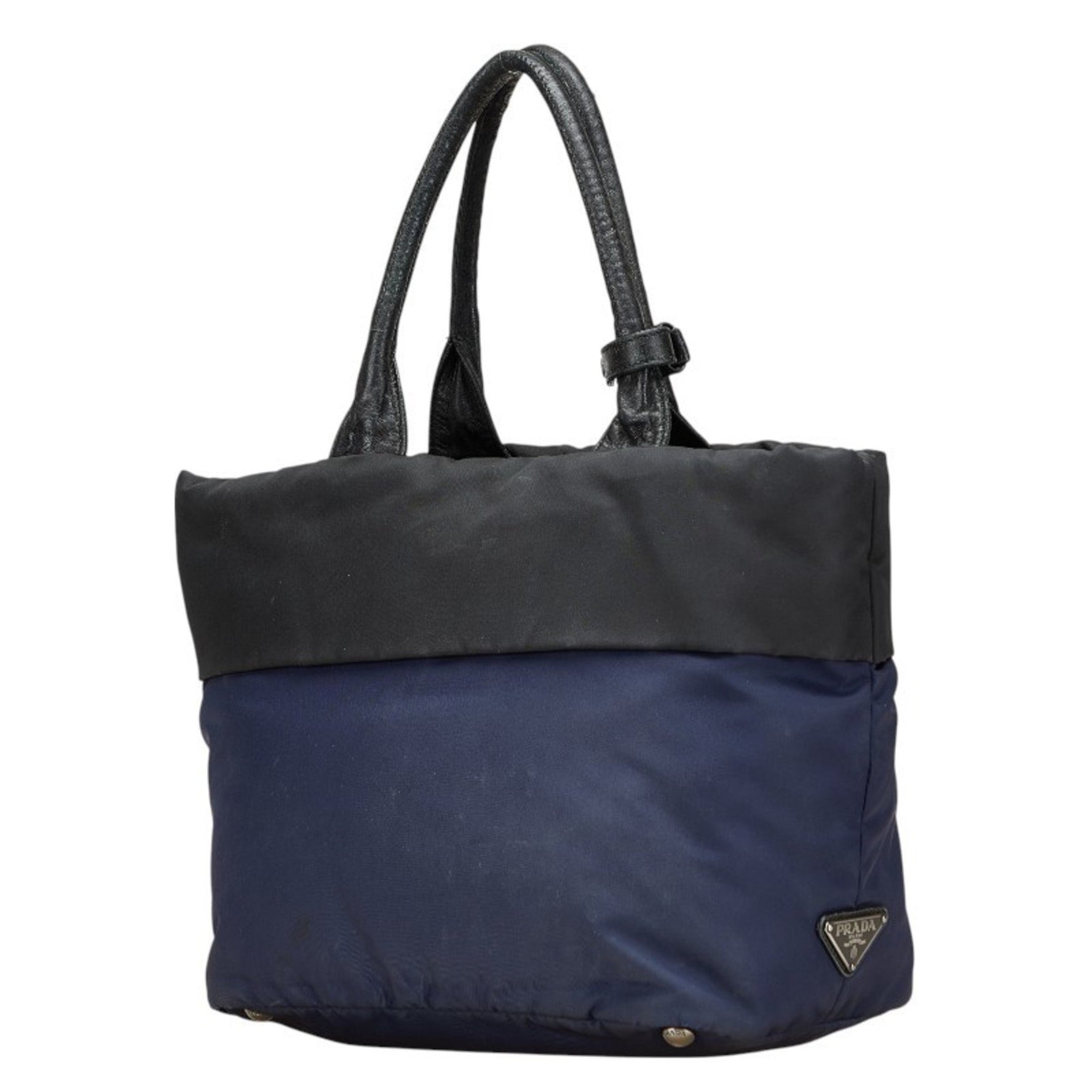 Prada Tessuto Double Triangle Logo Plate Handbag Tote Bag Navy Black Nylon Leather