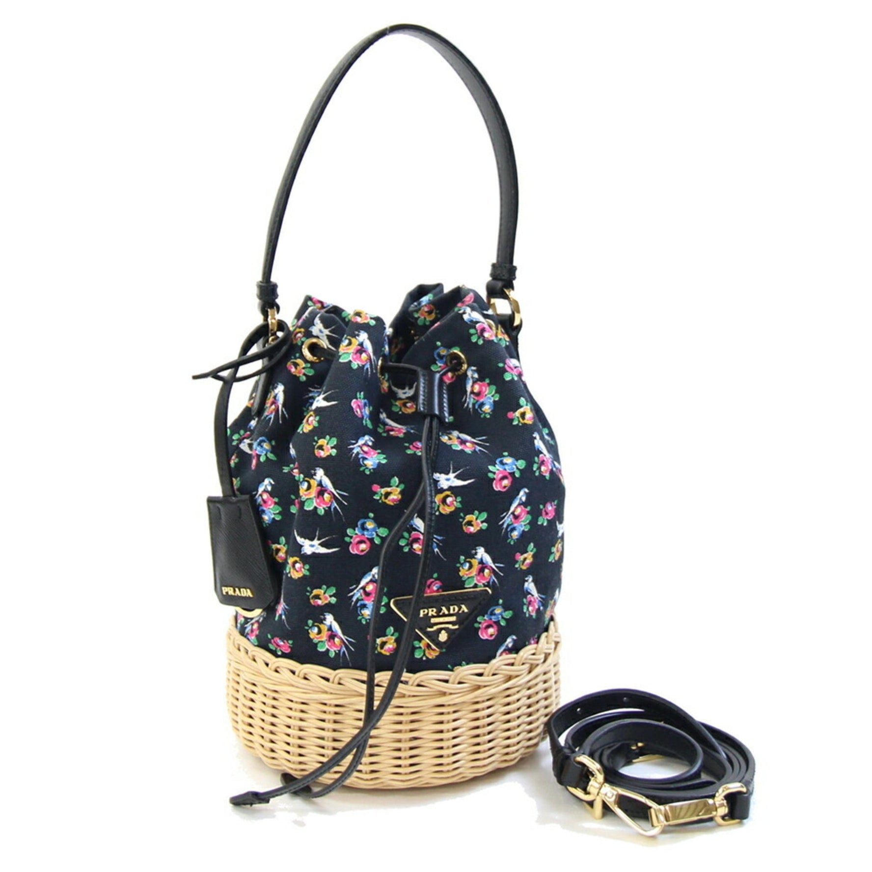 Prada Handbag 1BE040 Black Natural Canvas Rattan Shoulder Bag One Handle Basket Women's PRADA