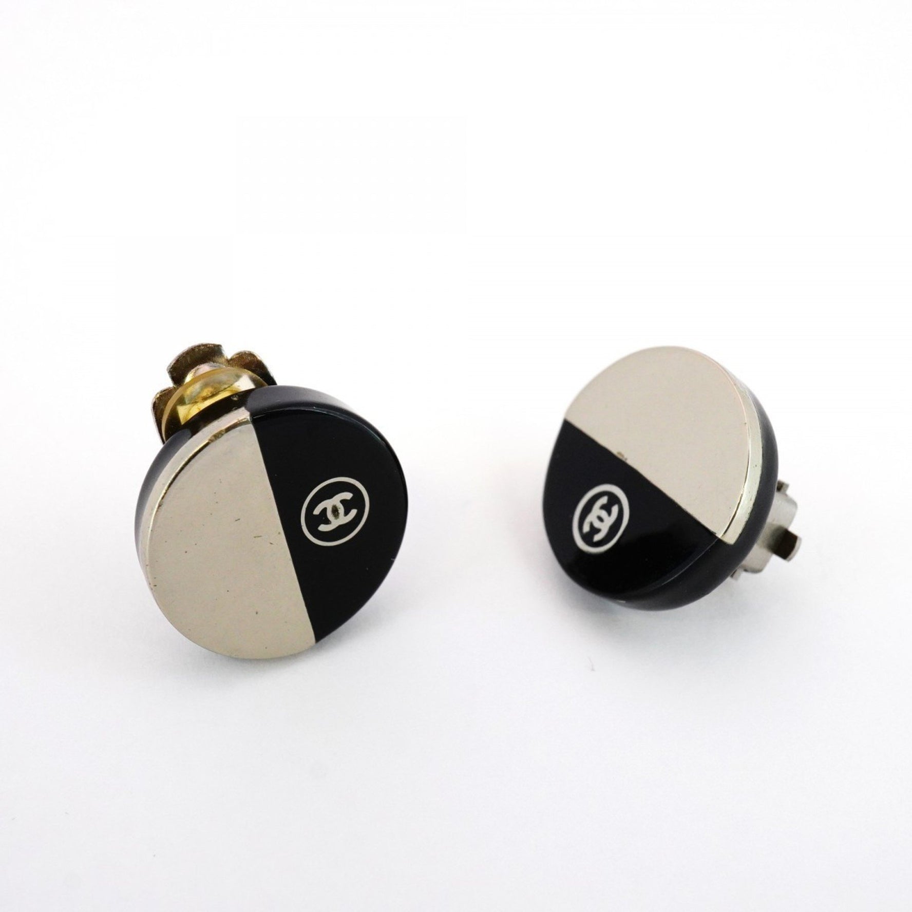 Chanel Coco Mark Two-Tone Circle Metal Earrings in Silver and Black
