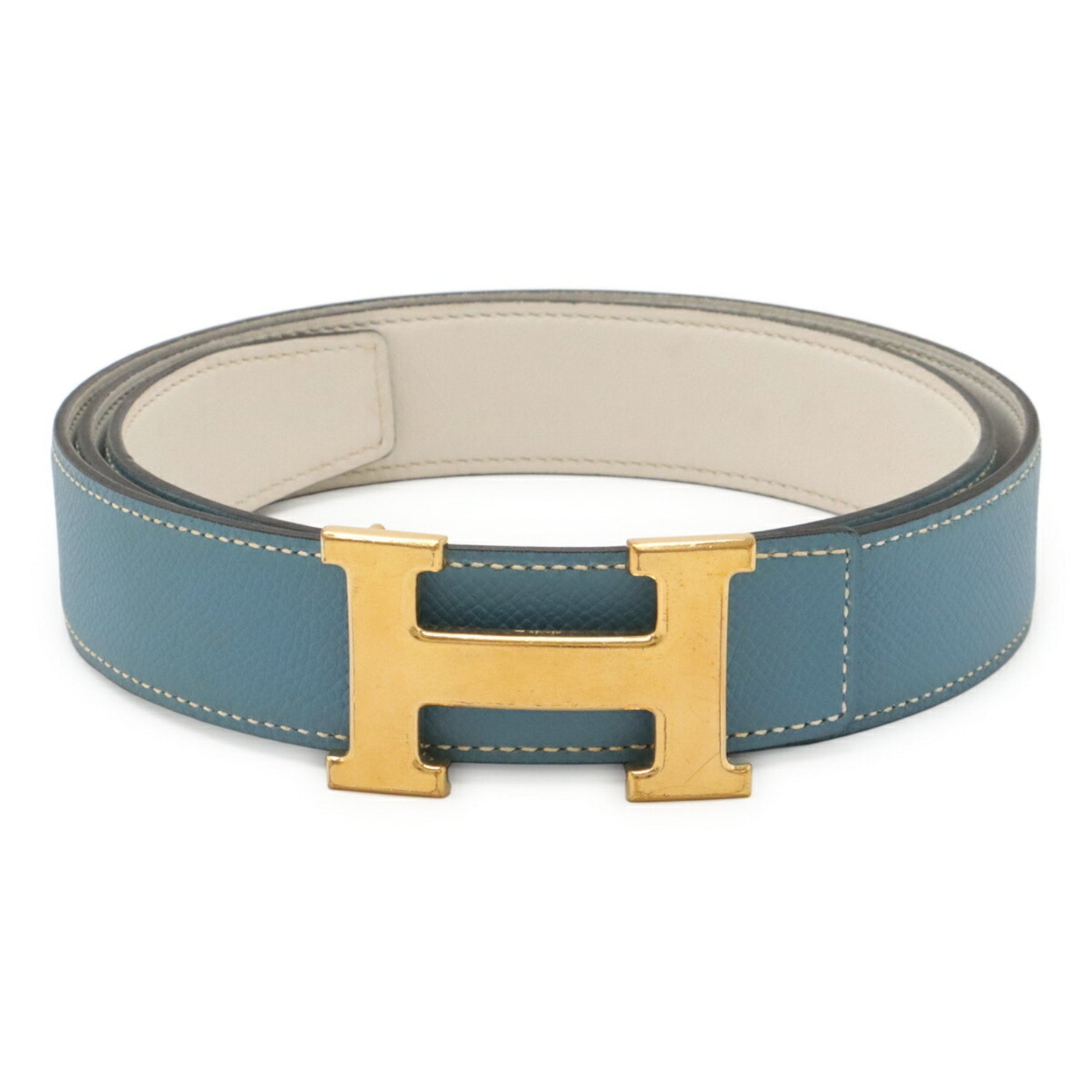 HERMES H-belt with H-buckle, reversible Togo leather, blue jean, light blue, and white, #100, stamped "O".
