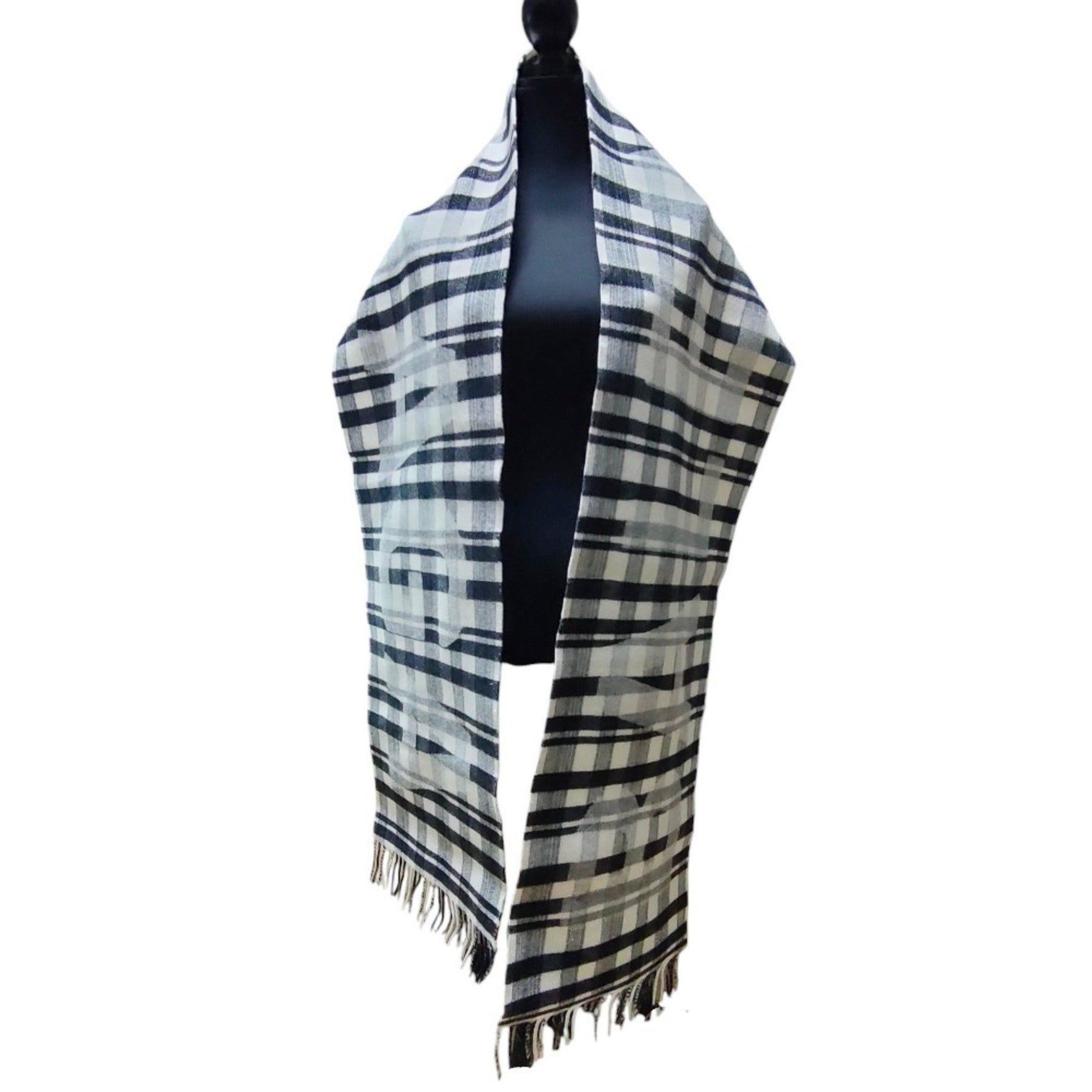 BALENCIAGA Wool Logo Tartan Check Large Fringe Stole Scarf Black x White Women's