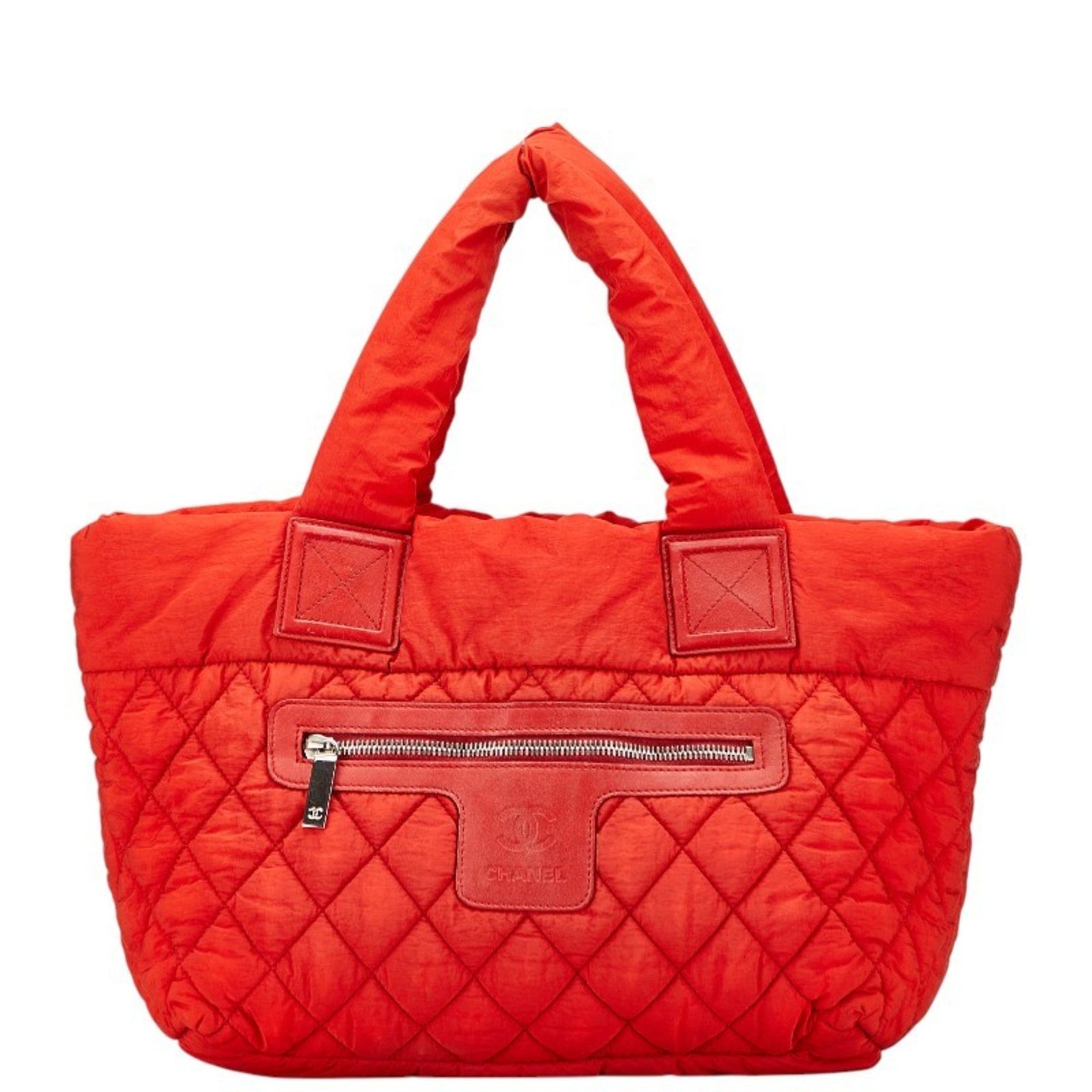 CHANEL Coco Mark Cocoon Reversible Quilted Handbag Tote Bag Red Nylon