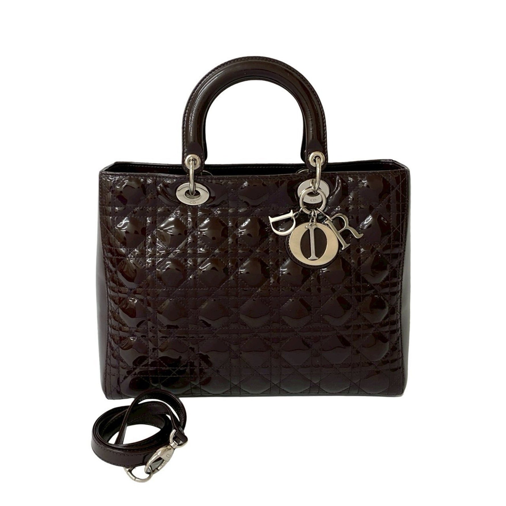 Christian Dior Lady Cannage Patent Leather 2-Way Handbag/Shoulder Bag, Brown