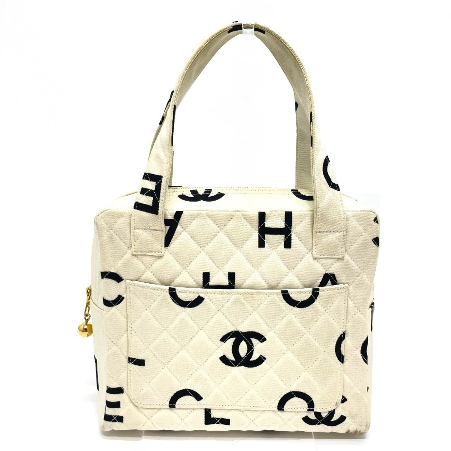 CHANEL CC Coco Mark Matelasse Logo Tote Bag, Cotton Canvas, Ivory and Black
