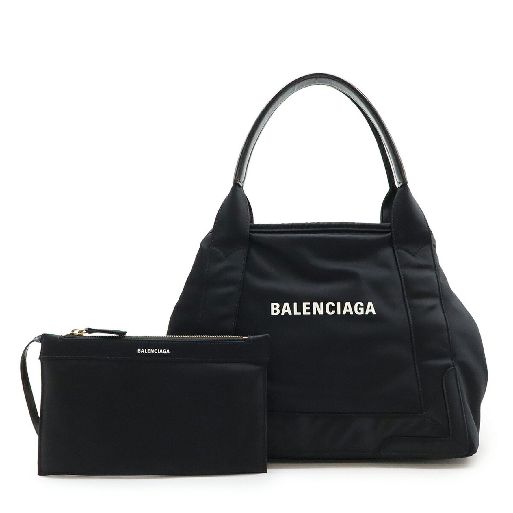 BALENCIAGA Navy Cabas S Tote Bag Handbag Nylon Leather Black Orange