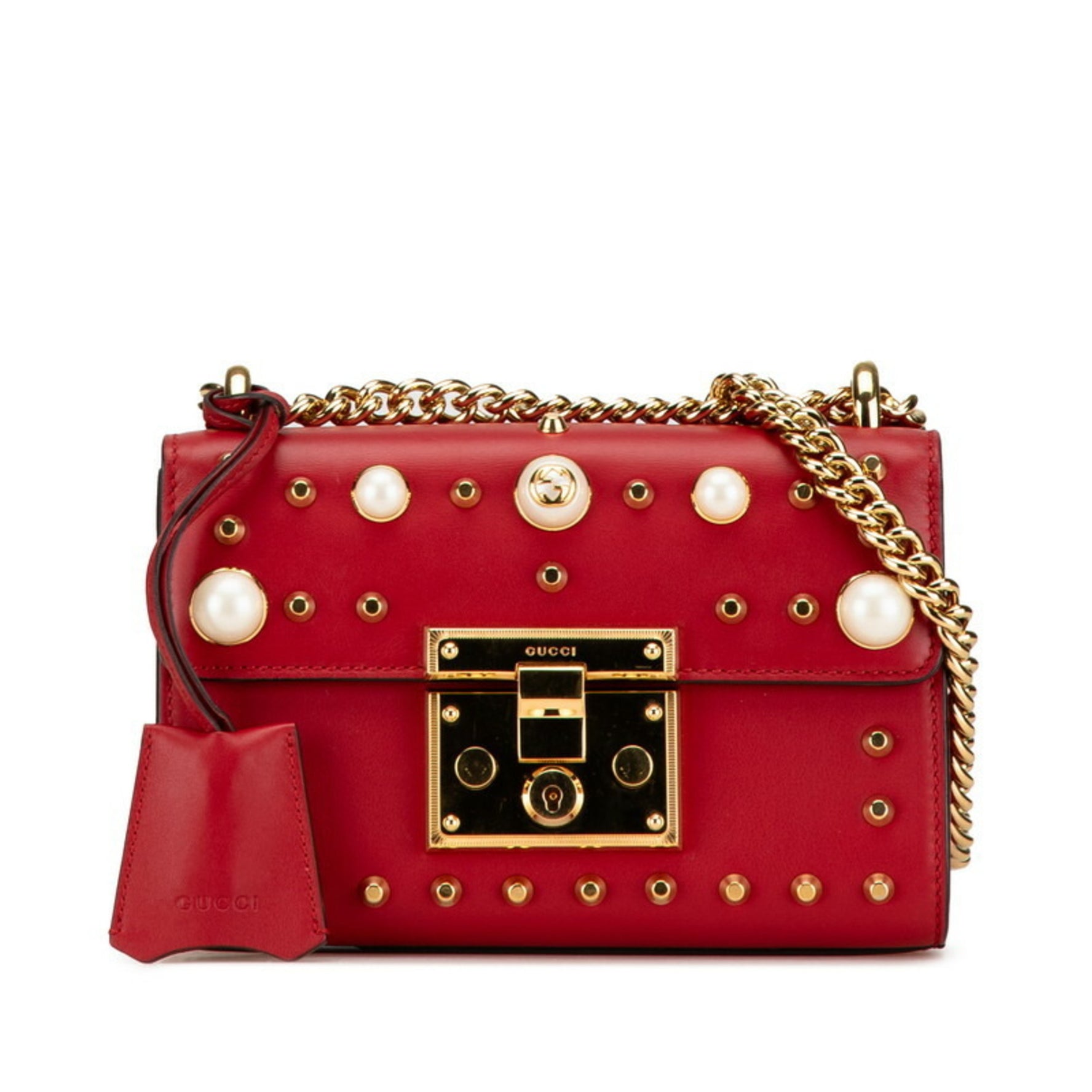 Gucci Padlock Stud Chain Shoulder Bag Red Leather Women's GUCCI