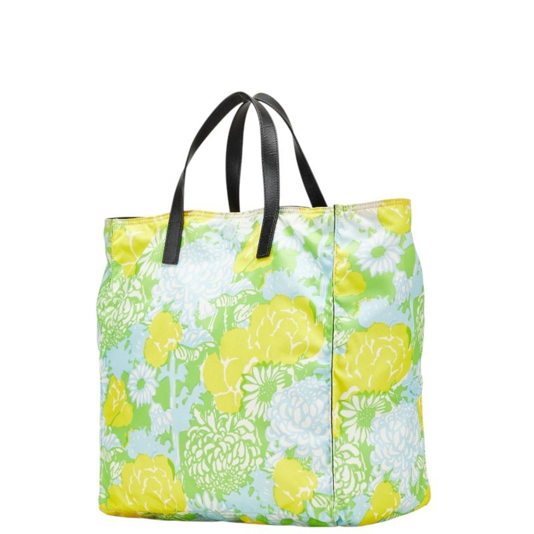 Prada Triangle Logo Plate Flower Tote Bag Handbag Green Yellow Blue Nylon Leather