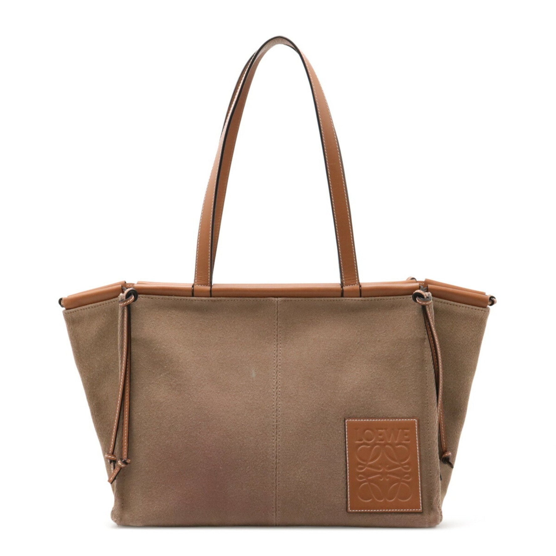 LOEWE Cushion Tote Bag Shoulder Canvas Leather Mocha Brown Pink