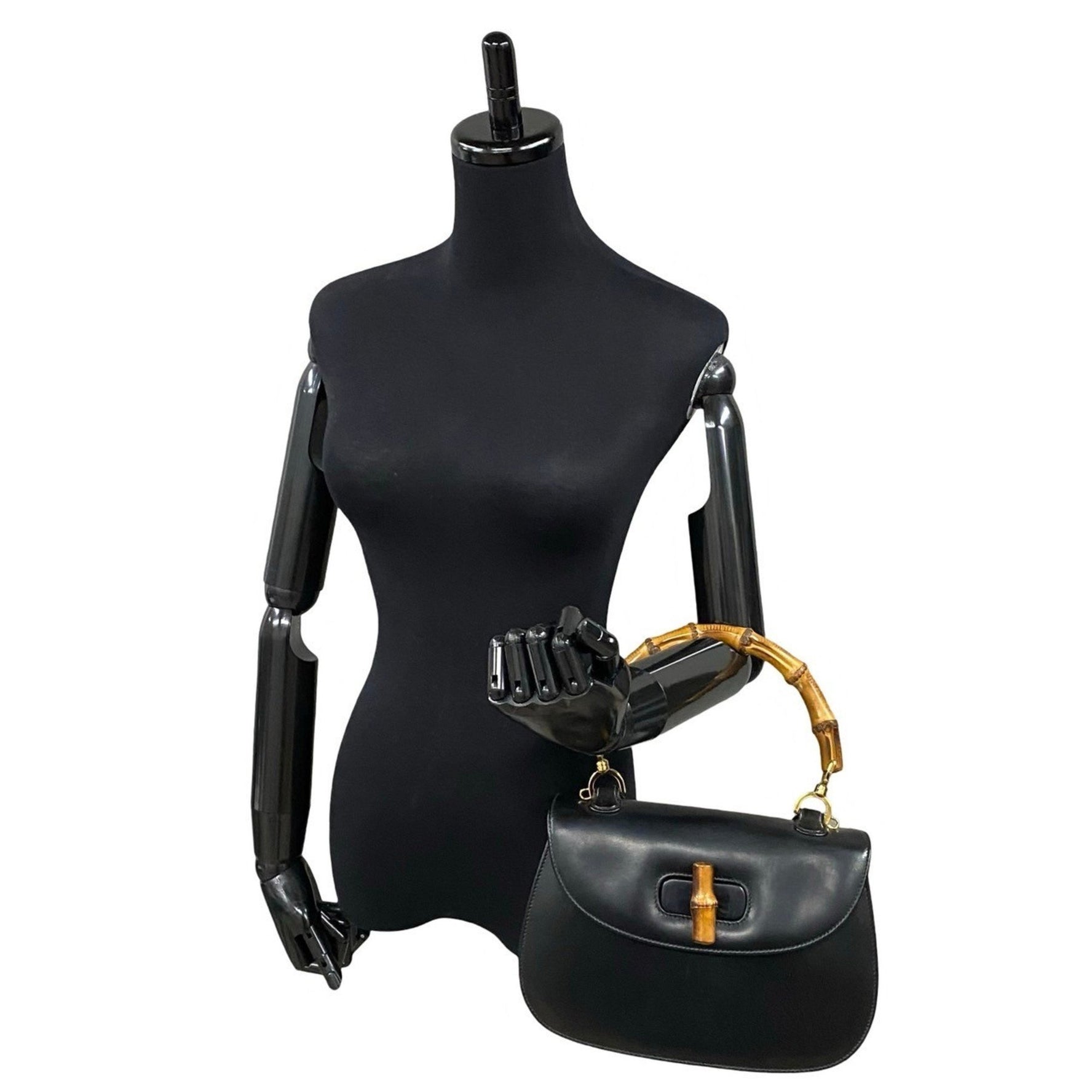 GUCCI Old Gucci Bamboo Leather Turnlock Handbag/Mini Tote Bag, Black,