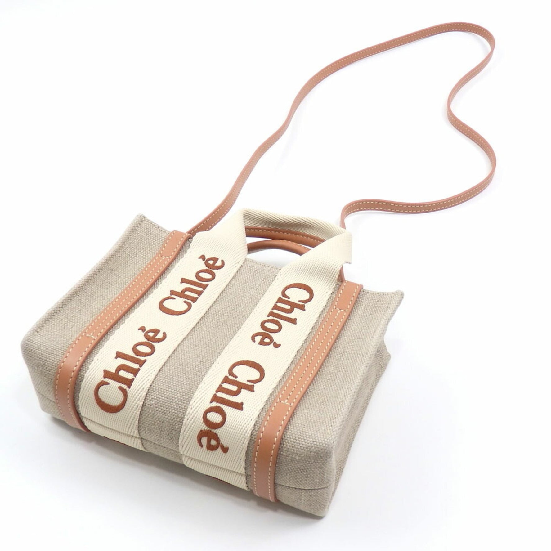 Chloé Woody Mini Tote Bag in Linen and Leather, Wooden Canvas with Shiny Calfskin, Handbag, Shoulder Bag