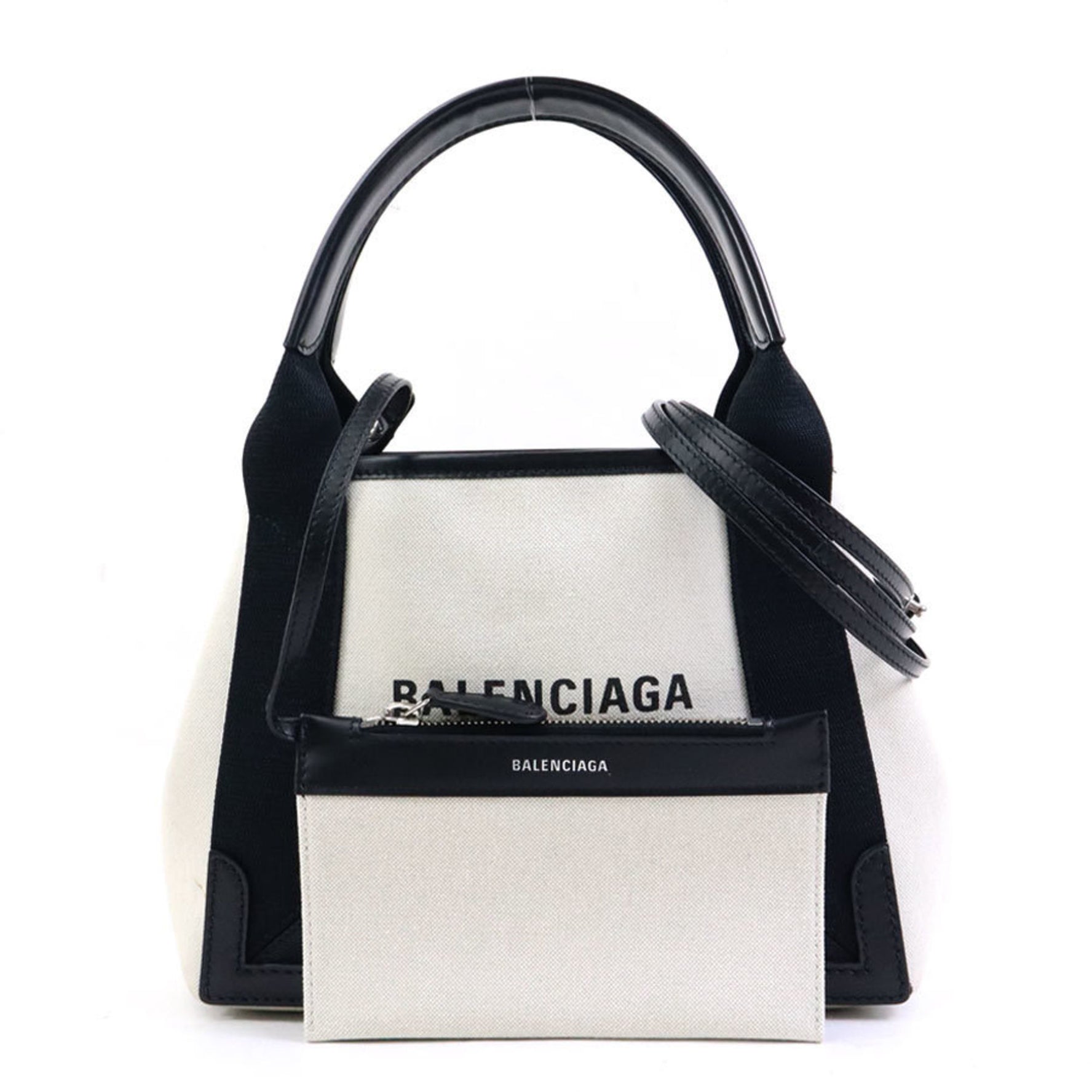 BALENCIAGA Handbag Navy Cabas XS Canvas Leather Black x Ivory Women's h31092i