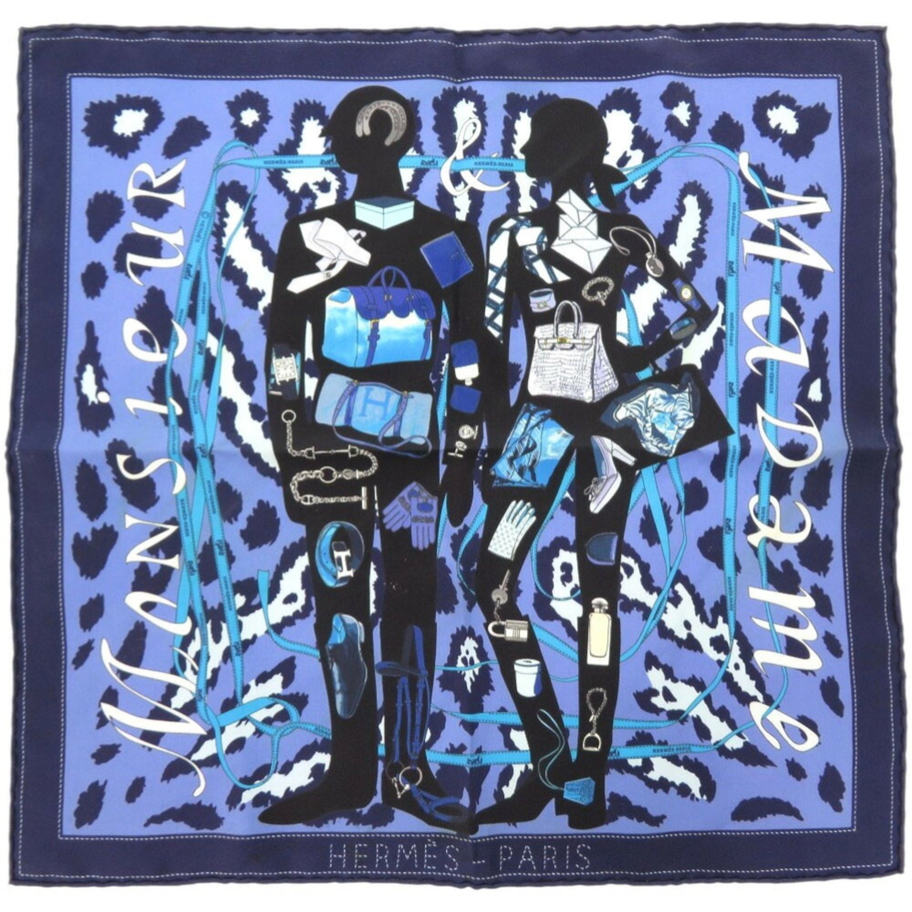 Hermes Carré 40 MONSIEUR ET MADAME Monsieur & Madame Silk Blue Scarf Muffler 0821HERMES
