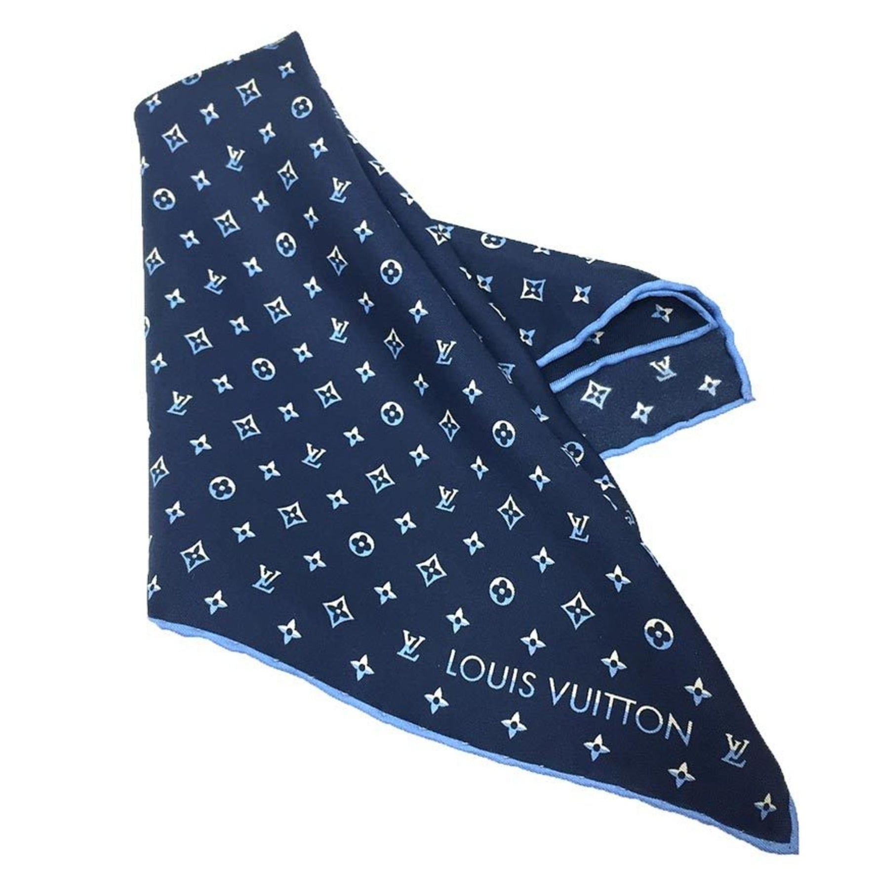 LOUIS VUITTON Monogram Scarf/Pocket Square M79555, Neckerchief/Petite Scarf, Navy, 100% Silk