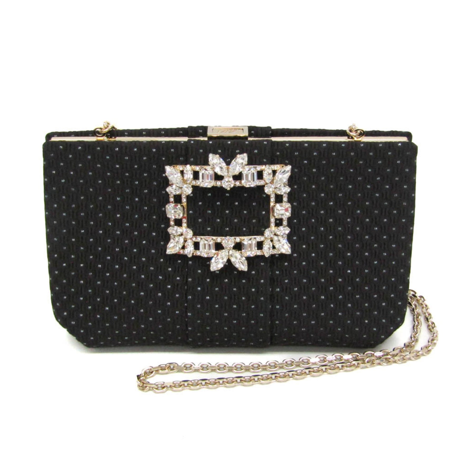 Roger Vivier Night Lily Winter Blossom Women's Satin,Beads Clutch Bag,Shoulder Bag Black