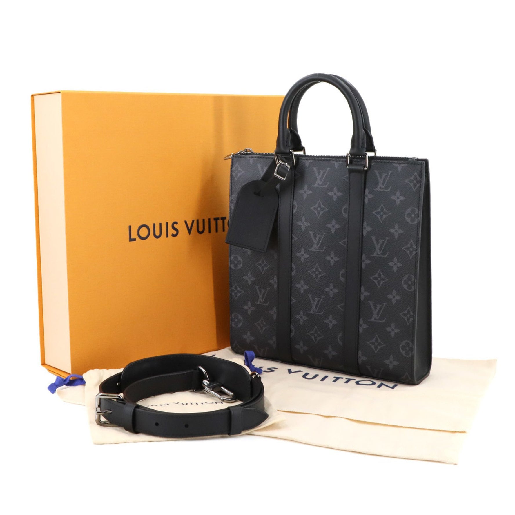 Louis Vuitton Monogram Eclipse Sac Plat Cross 2-Way Tote Shoulder Bag, Black, M46098, RFID