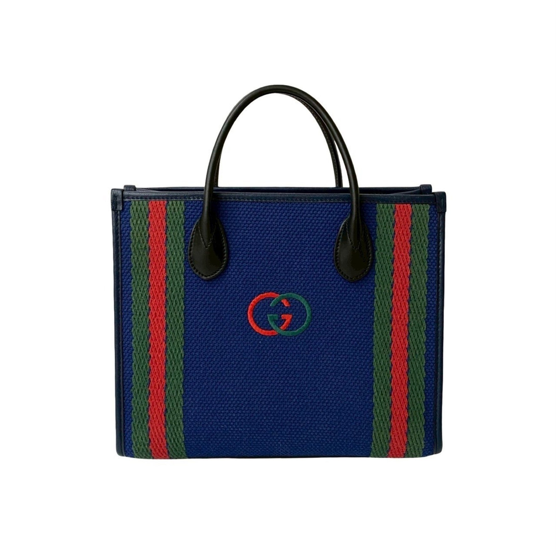 GUCCI Interlocking G Sherry Line Canvas and Leather Handbag/Tote Bag, Blue/Navy, 841-9