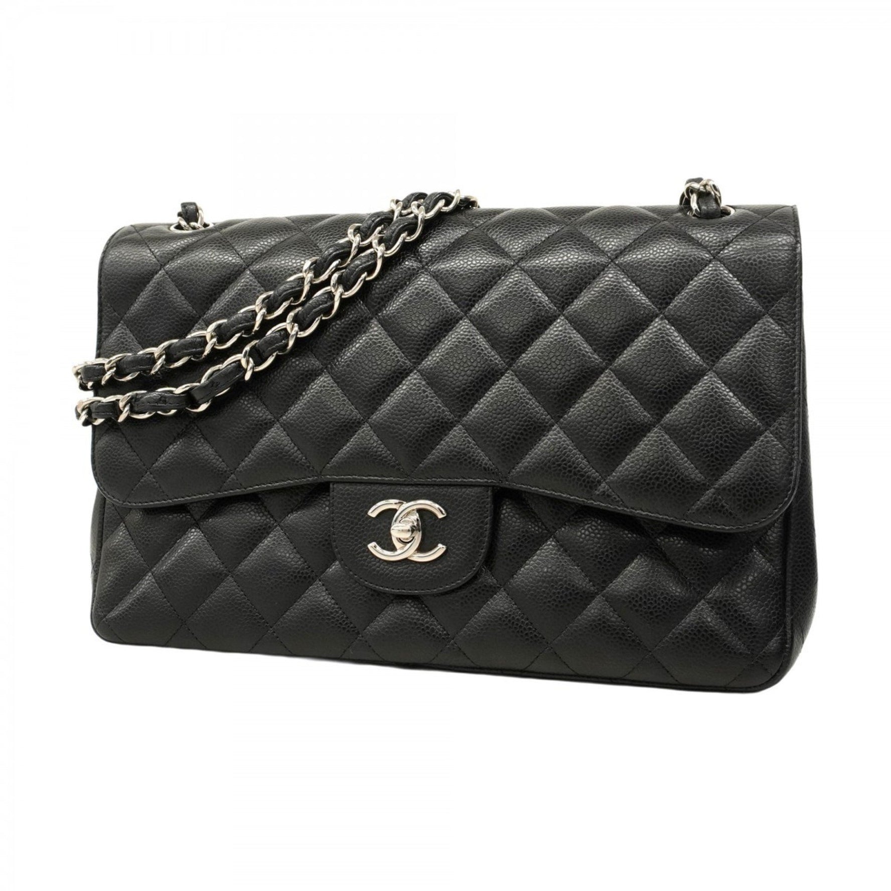 Chanel Shoulder Bag, Deka Matelasse, Double Flap, Chain, Caviar Skin