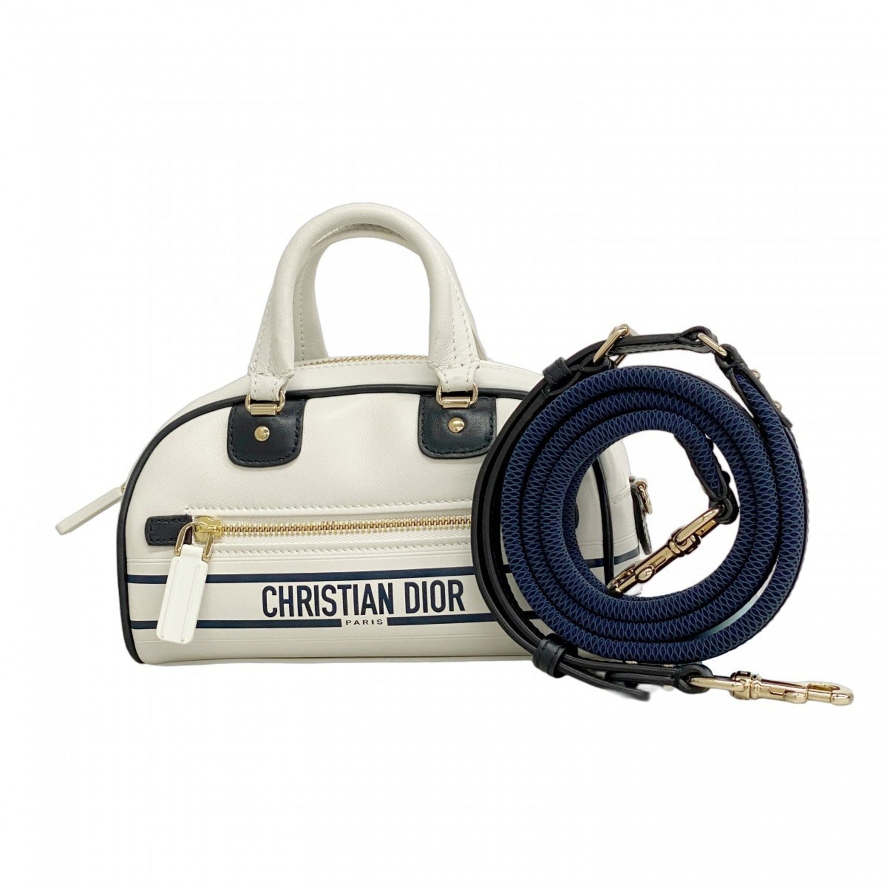 Christian Dior Vibe Mini Leather Handbag in White, Navy, and Champagne. Bag .