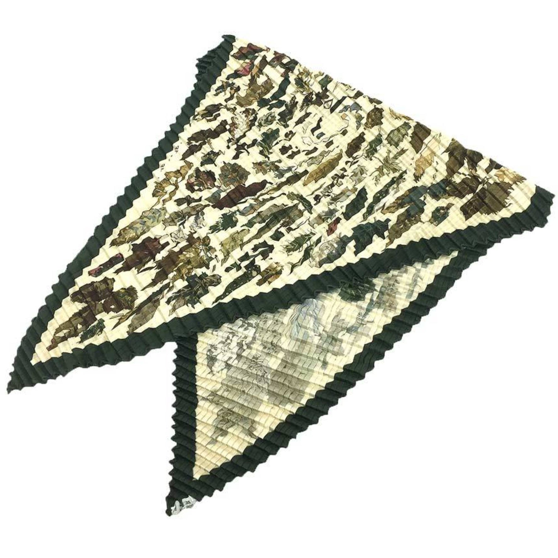 HERMES Pleated Scarf/Muffler, 100% Silk, Tourbillon/Gale/Spiral, Fallen Leaves, Plissee Carre, Carre 90, Beige/Khaki