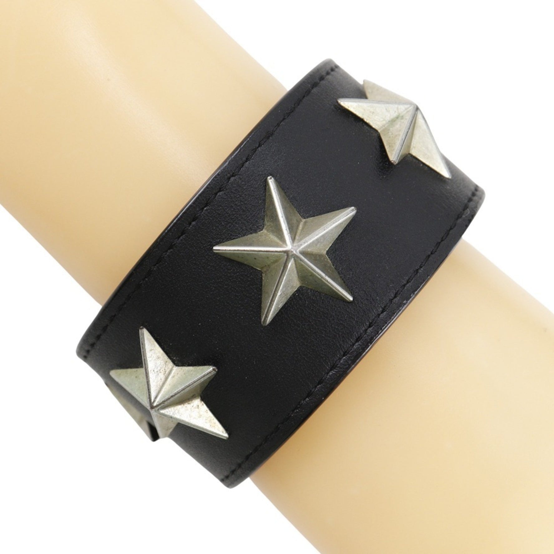 Givenchy Star Studs Bracelet, Black Leather, Approximately 42g, Men's