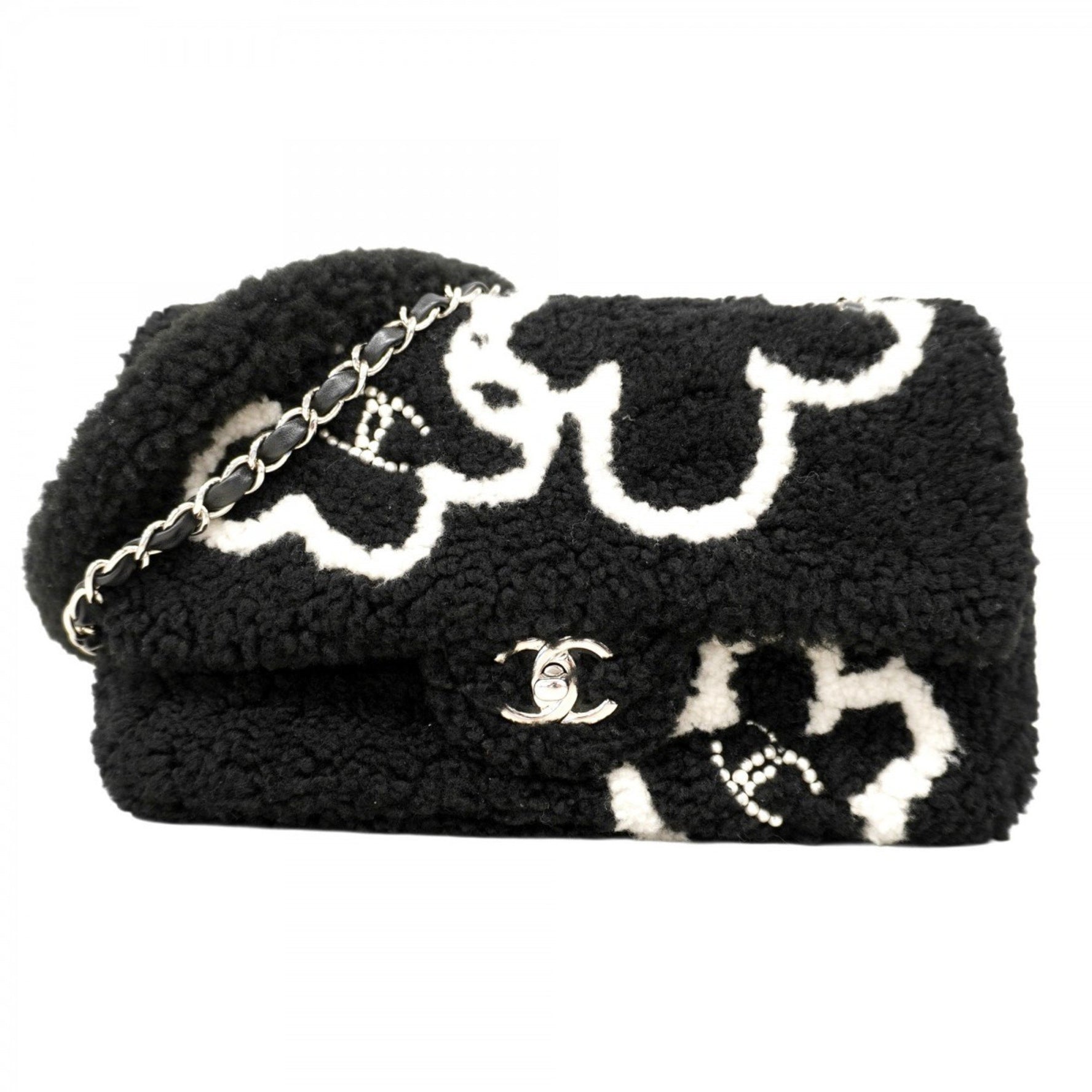 Chanel Camellia Shoulder Bag with Double Chain, Mouton, Black and White