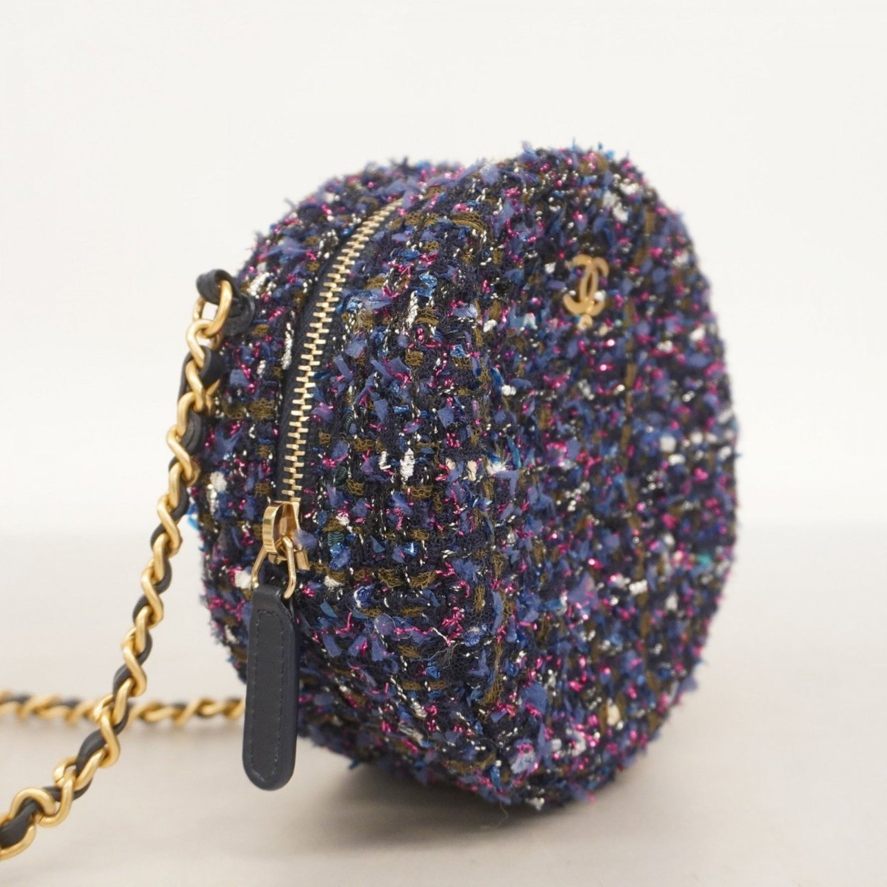 Chanel Shoulder Bag Chain Tweed Navy Pink