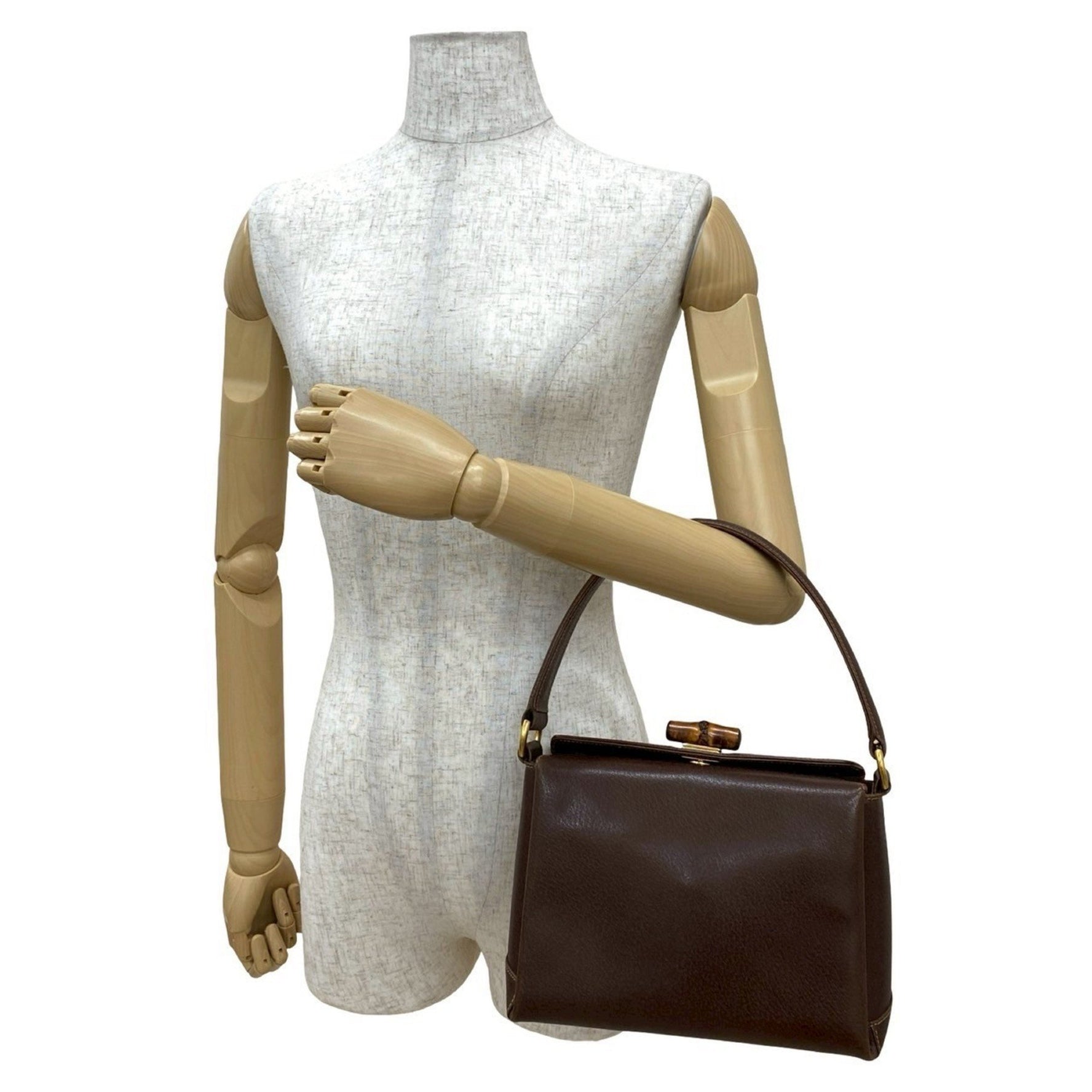 GUCCI Old Gucci Bamboo Leather Genuine Turnlock Handbag Mini Tote Bag Brown