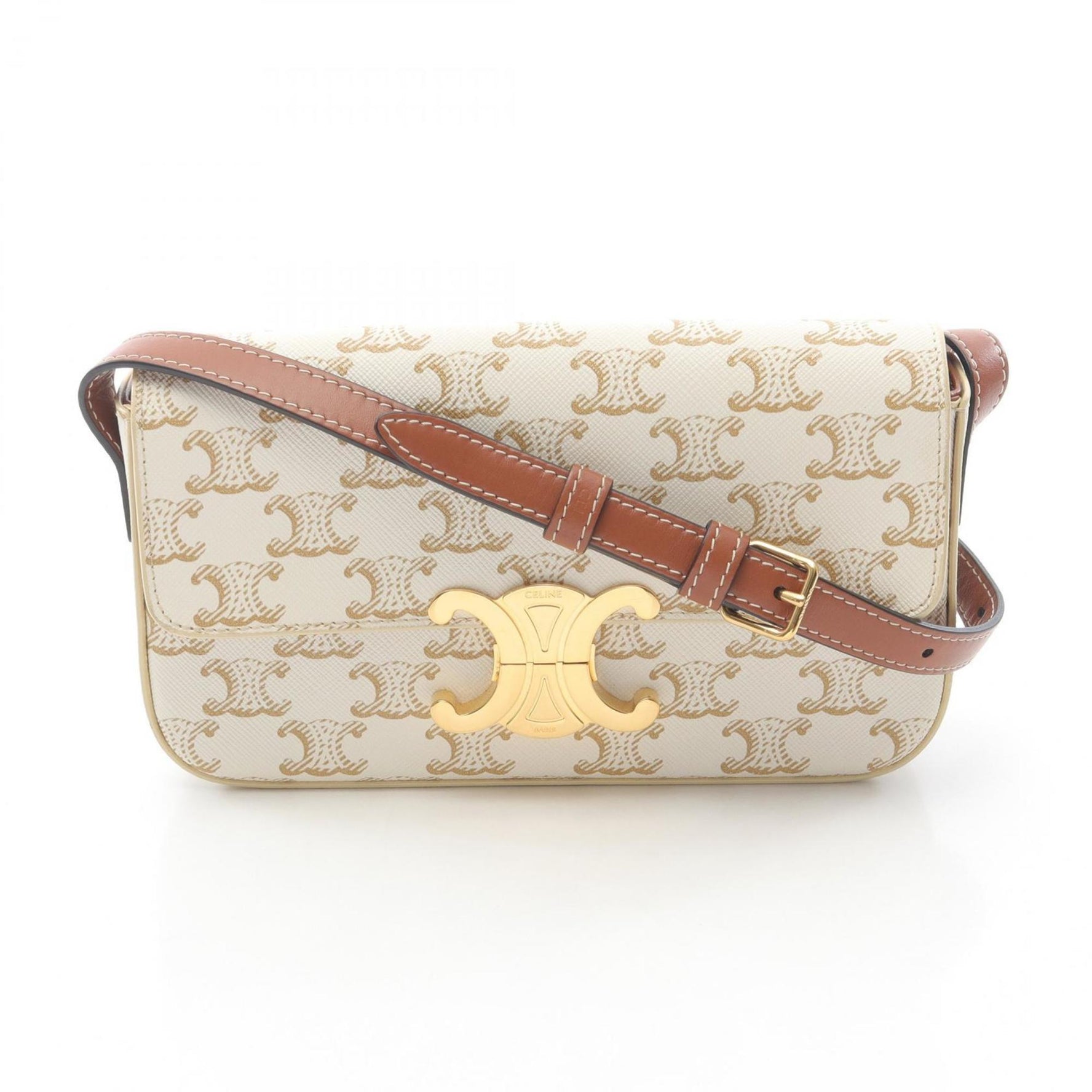 Celine Claude Triomphe Shoulder Bag, PVC-Coated Canvas and Leather, White/Brown