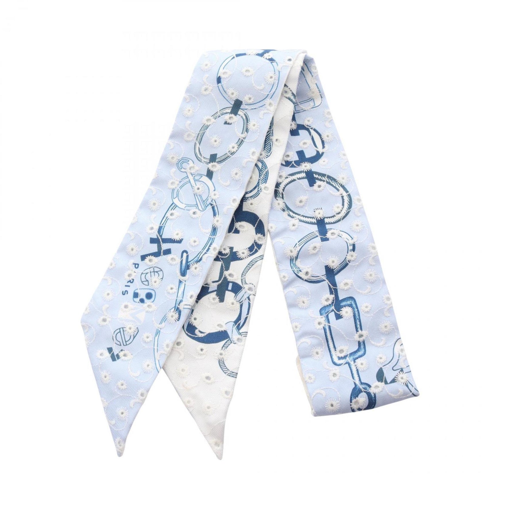 Hermes Hermès Twilly Do Re Boucles Broderie Anglaise Silk Scarf in Blue and White