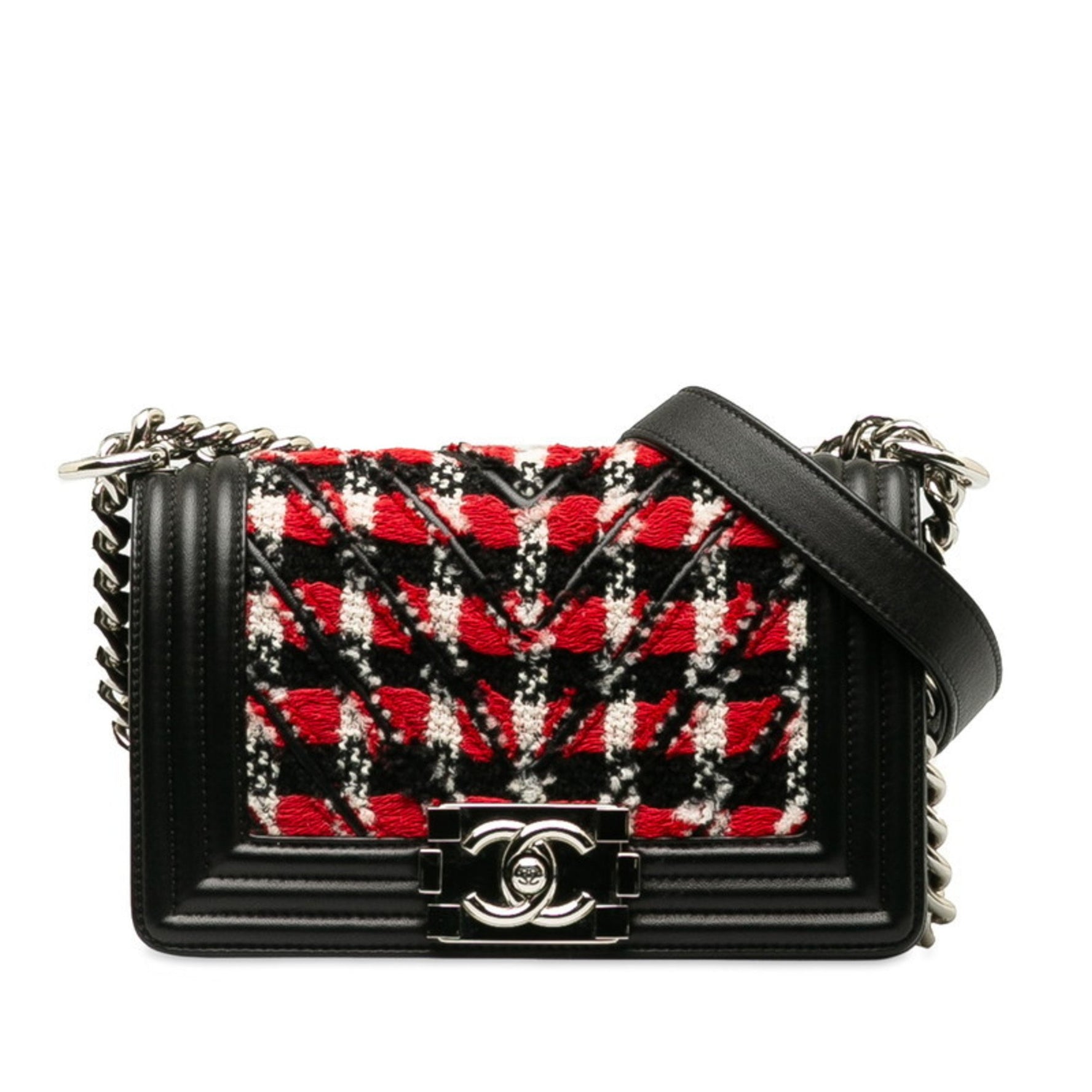 CHANEL Boy Small Chain Shoulder Bag in Black and Red Tweed Leather