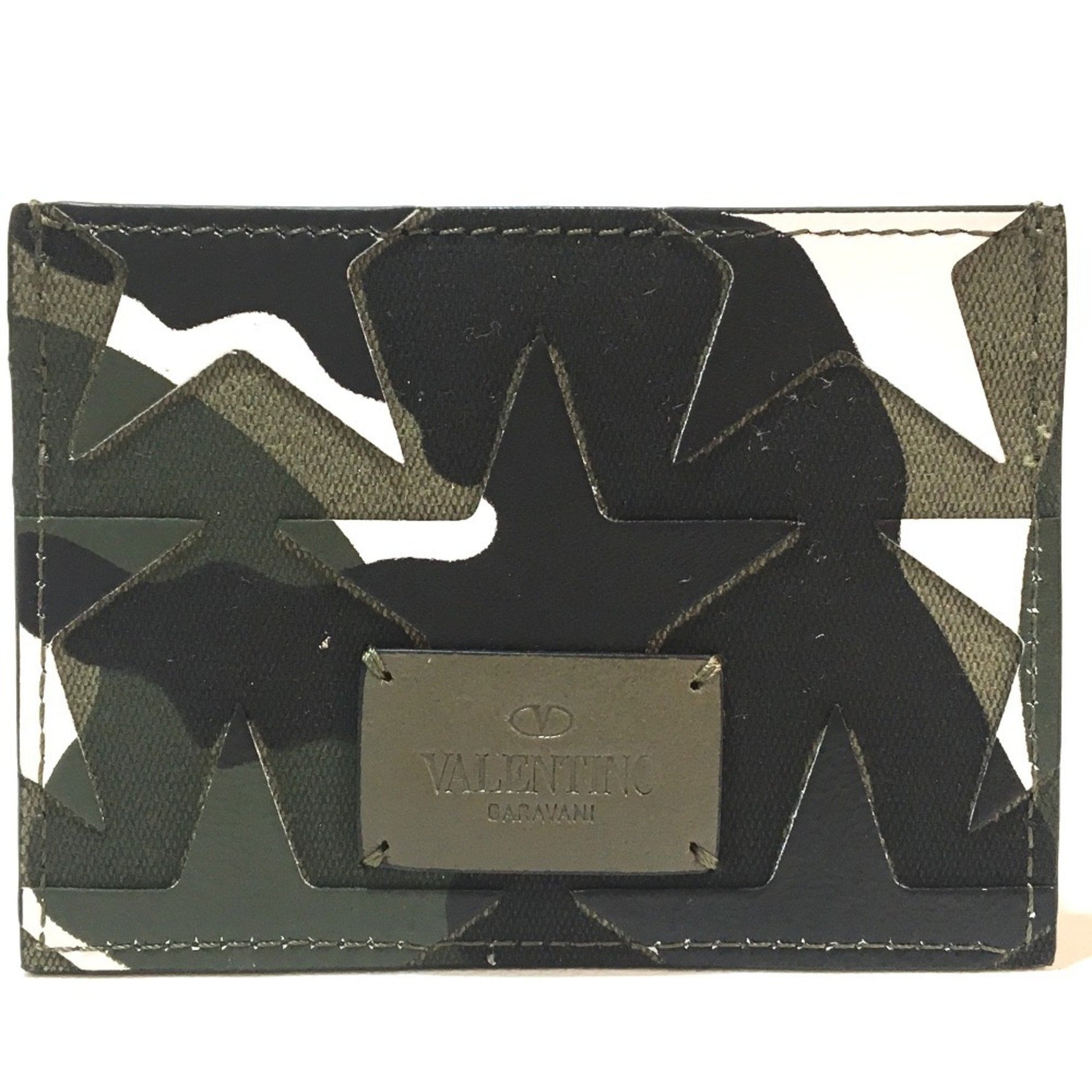 Valentino Garavani Pattern Men's Business Card Holder Case Canvas/Leather Unisex Army Green