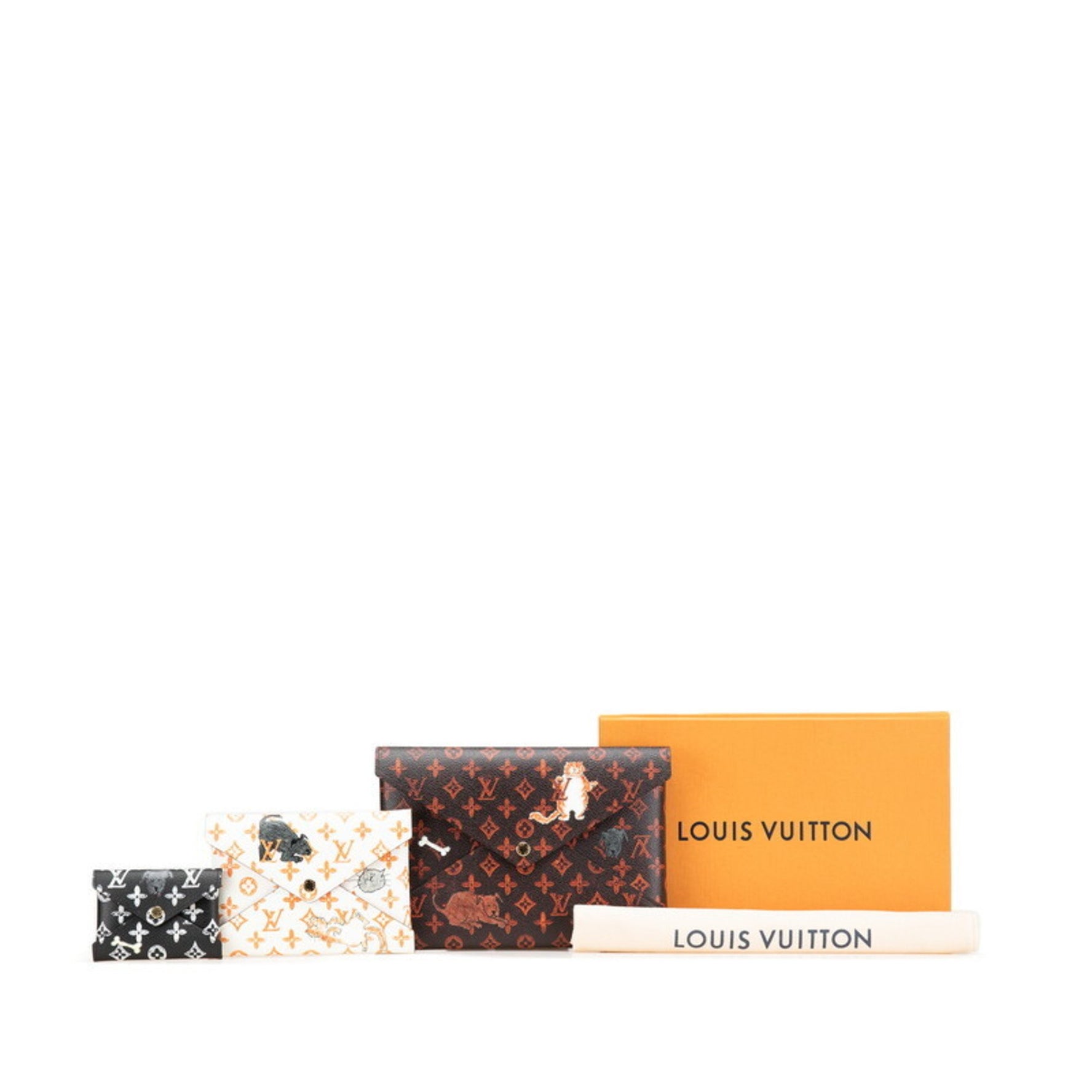 Louis Vuitton Monogram Catgram Pochette, Kirigami Pouch, and Clutch Bag Set in Brown, Black, White Leather.