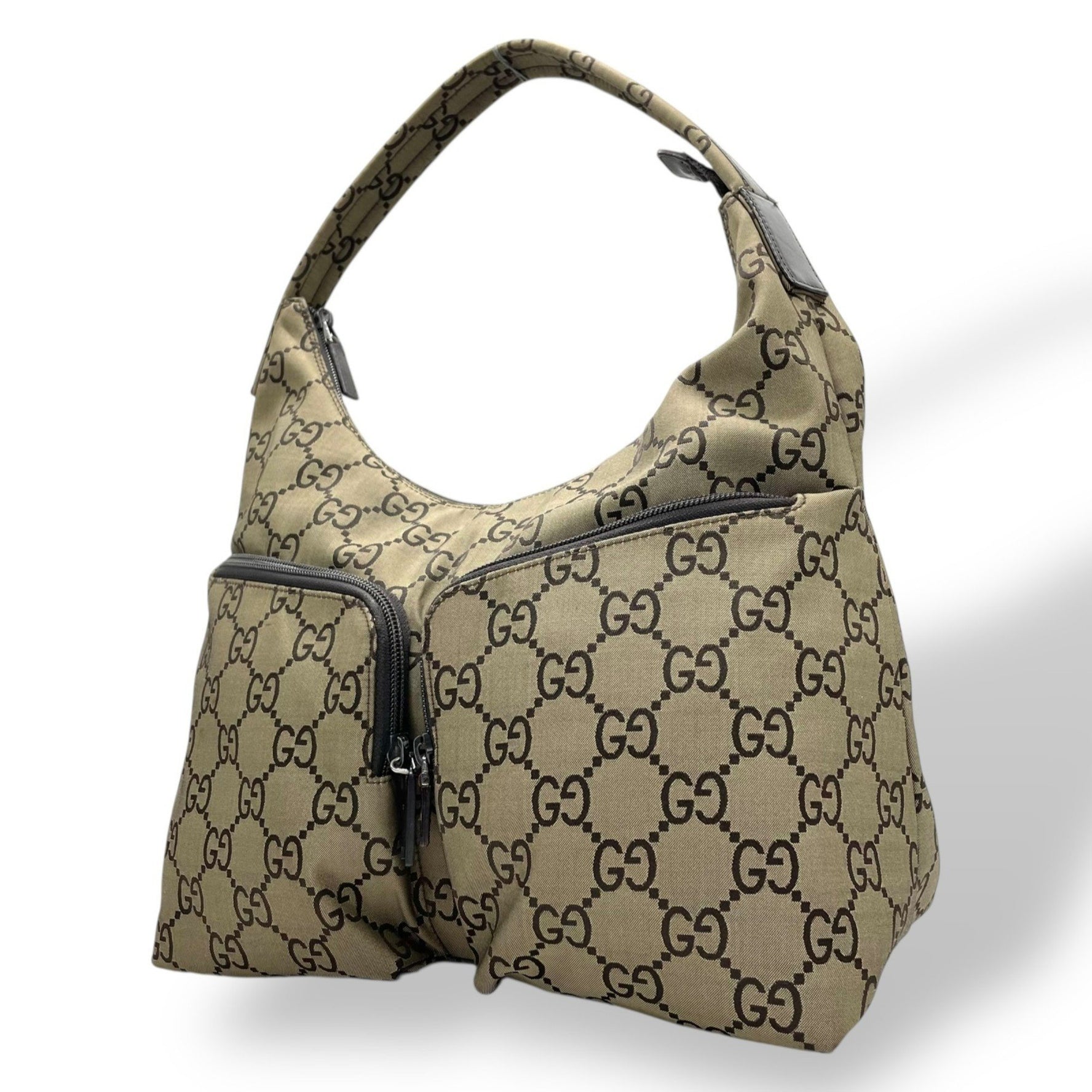 GUCCI GG Canvas One-Shoulder Bag, Handbag, Khaki Brown and Leather, Silver Hardware, Pattern, Double Pocket, Women's, K6