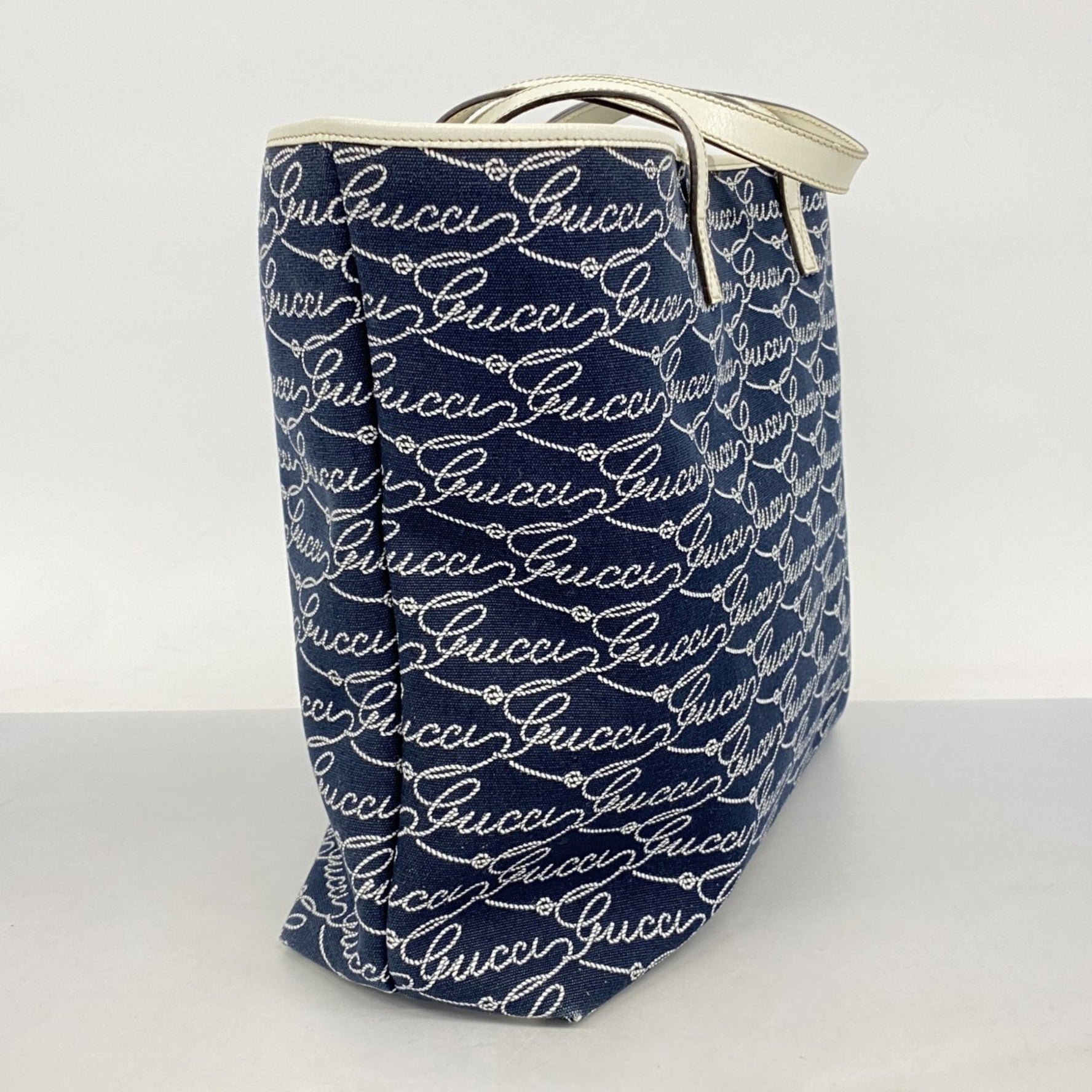 Gucci Tote Bag Canvas Navy White Champagne