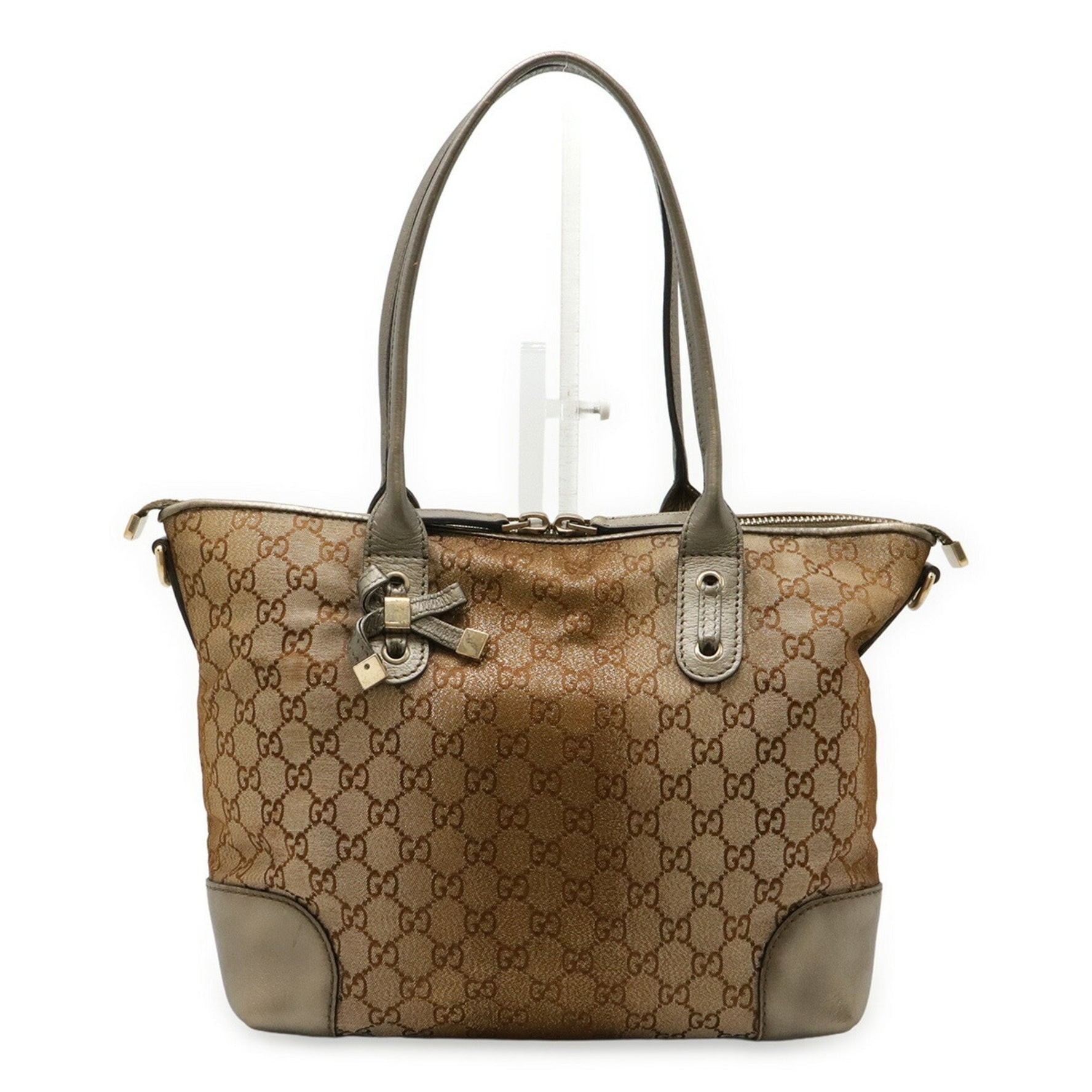 GUCCI Heart Bit Shoulder Bag in GG Canvas with Leather Glitter Shiny Bronze and Khaki (Product Code: