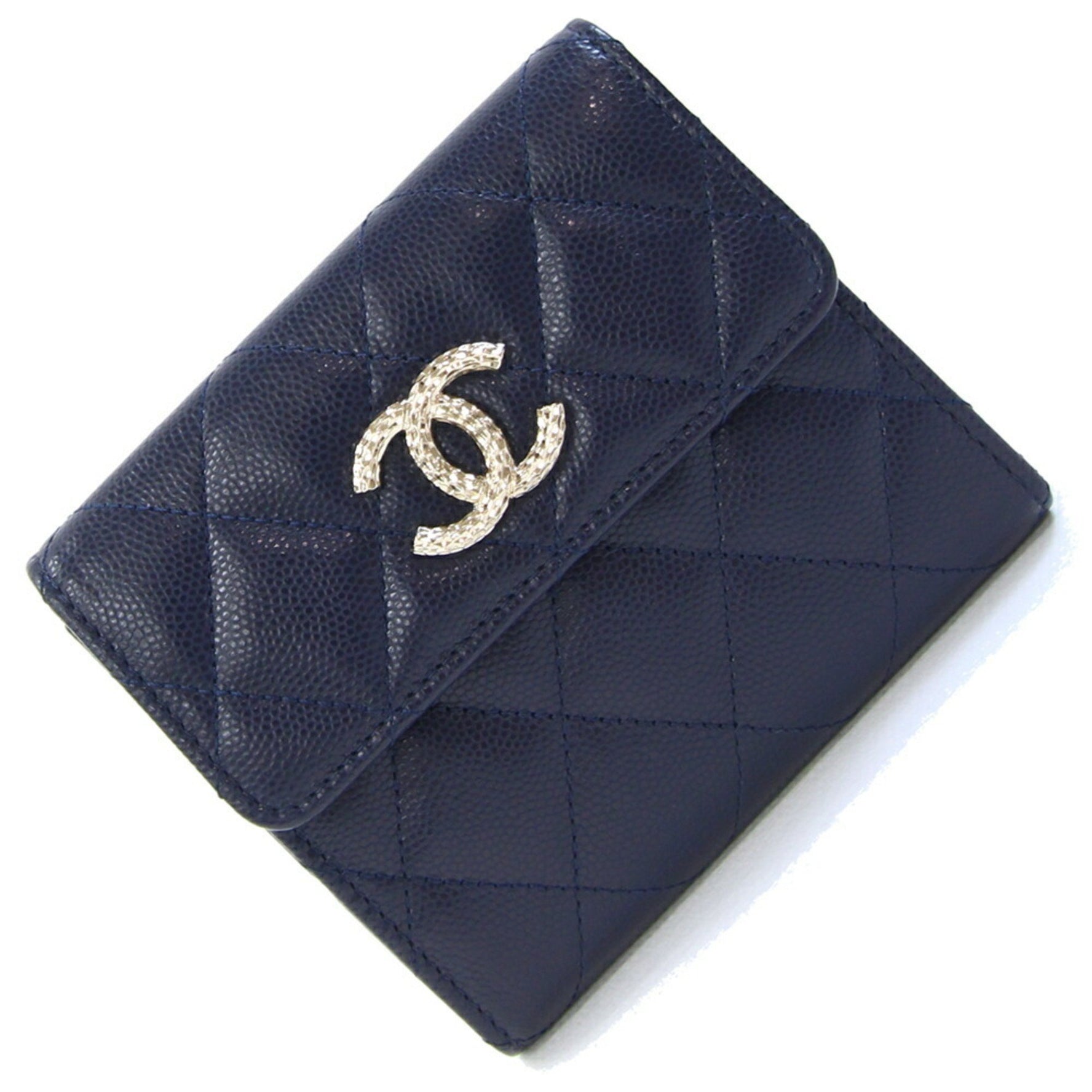 Chanel Tri-fold Wallet Matelasse Dark Purple Caviar Skin Coco Mark Quilted