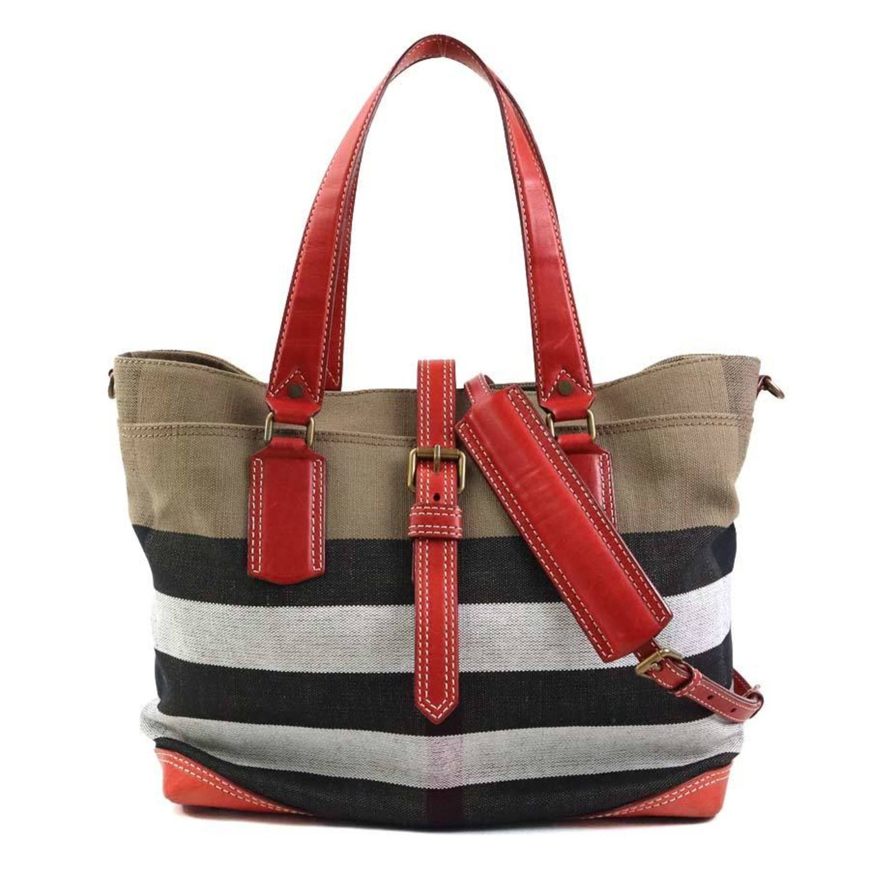 Burberry Tote Bag, Mother's Shoulder Canvas, Leather, Brown, Black, Red, Gold, Women's, e59893a
