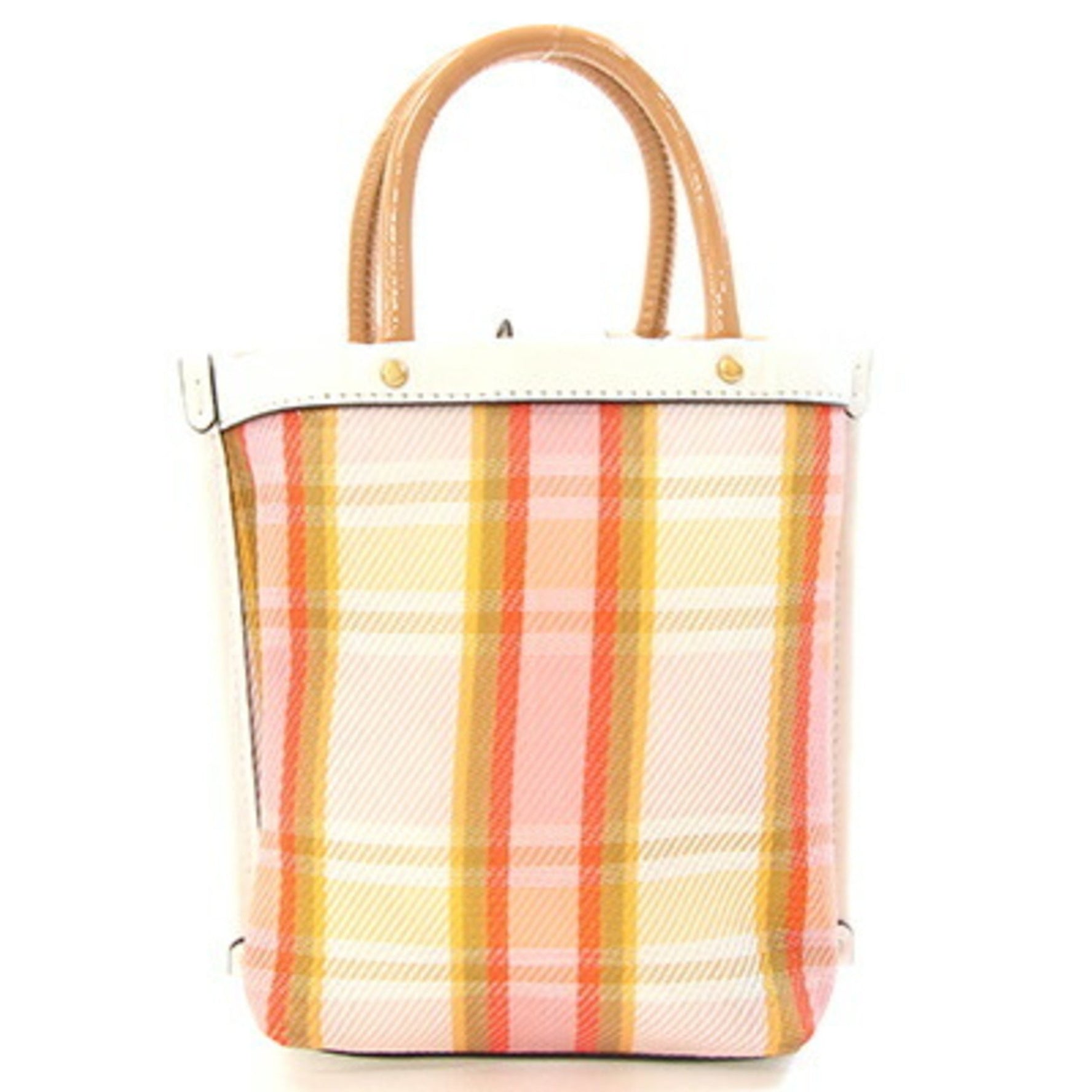 Tory Burch Mini Perry Mesh Tote Bag in Orange and White Polyethylene Leather. Checked Shoulder Bag/Pochette.