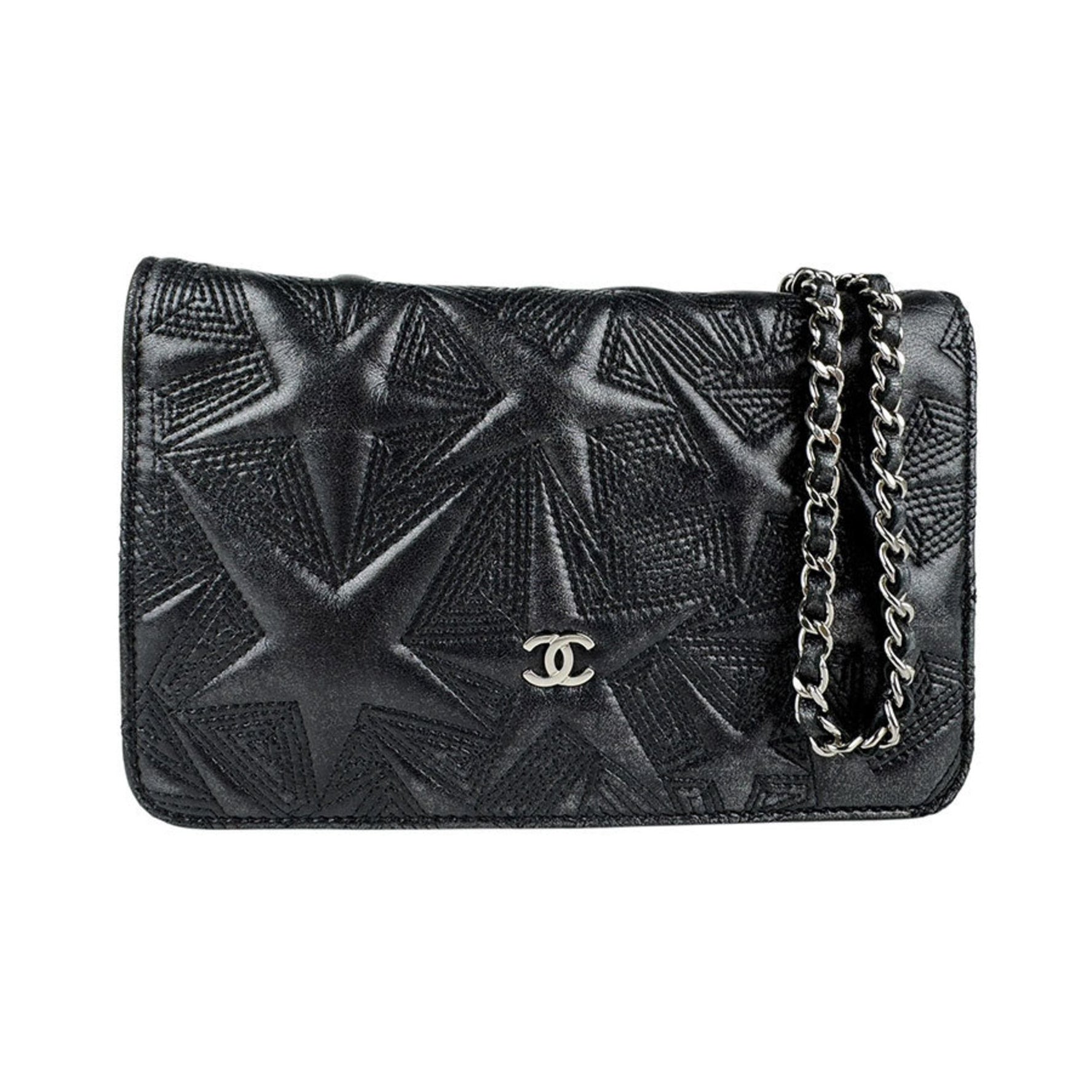 CHANEL Shoulder Bag with Chain Wallet in Black and Silver Leather, Women's, Z6584