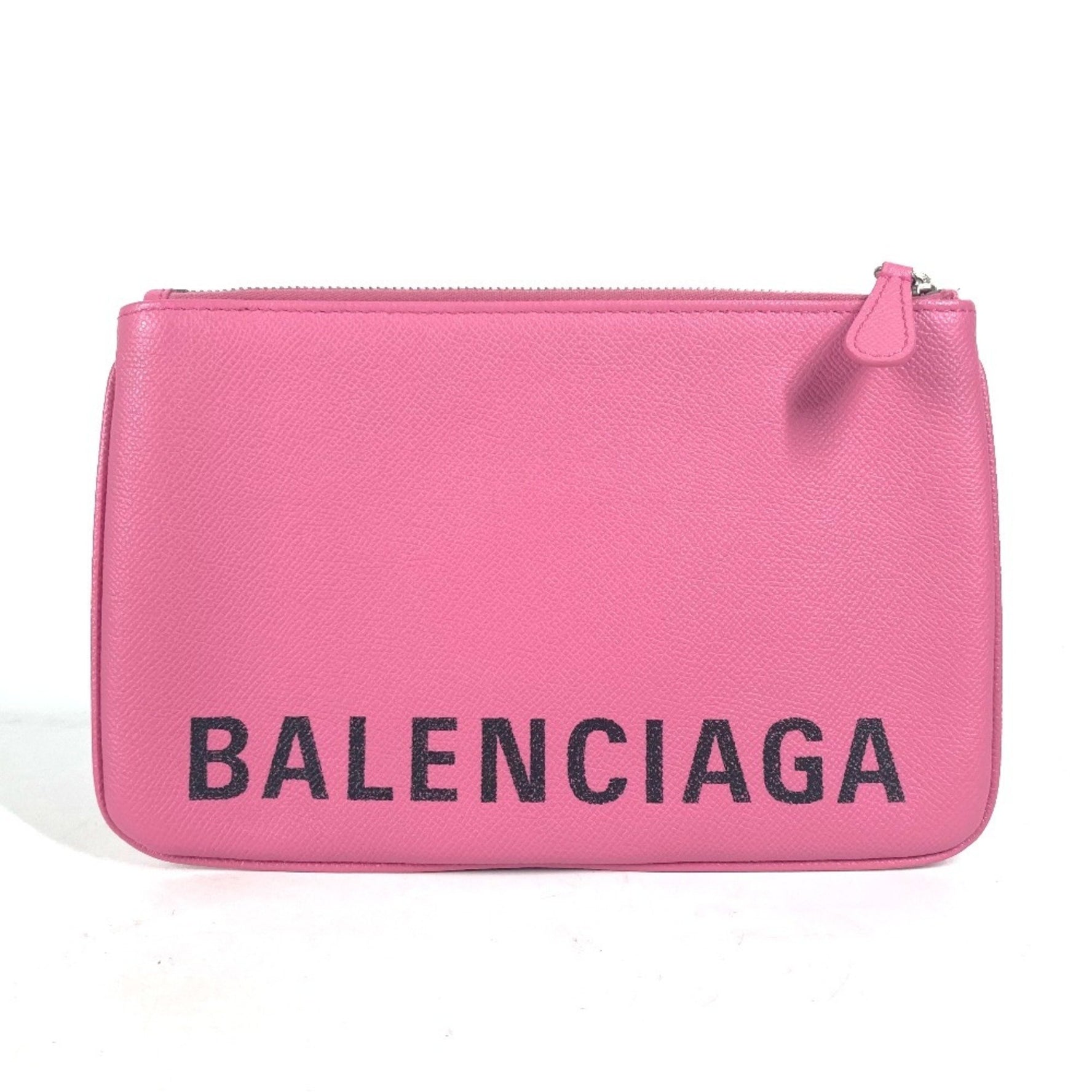 BALENCIAGA Logo VILLE Pouch Clutch Bag in Pink Leather