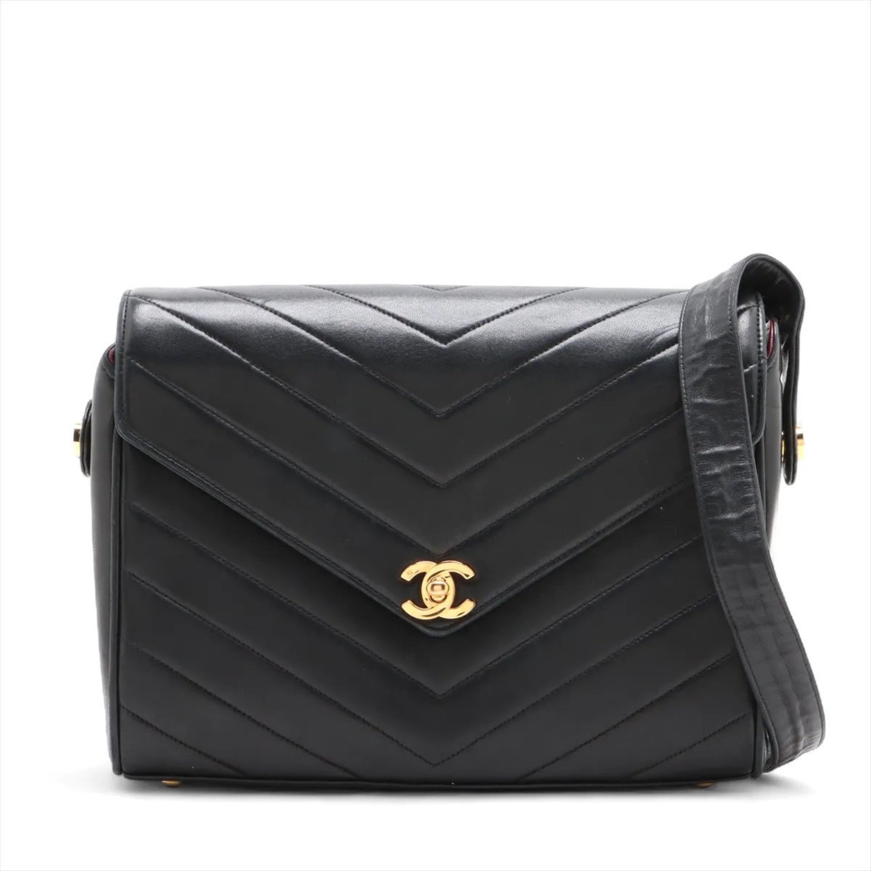 Chanel V-Stitch Chevron Lambskin Leather Shoulder Bag, Genuine Leather, Black, Women's
